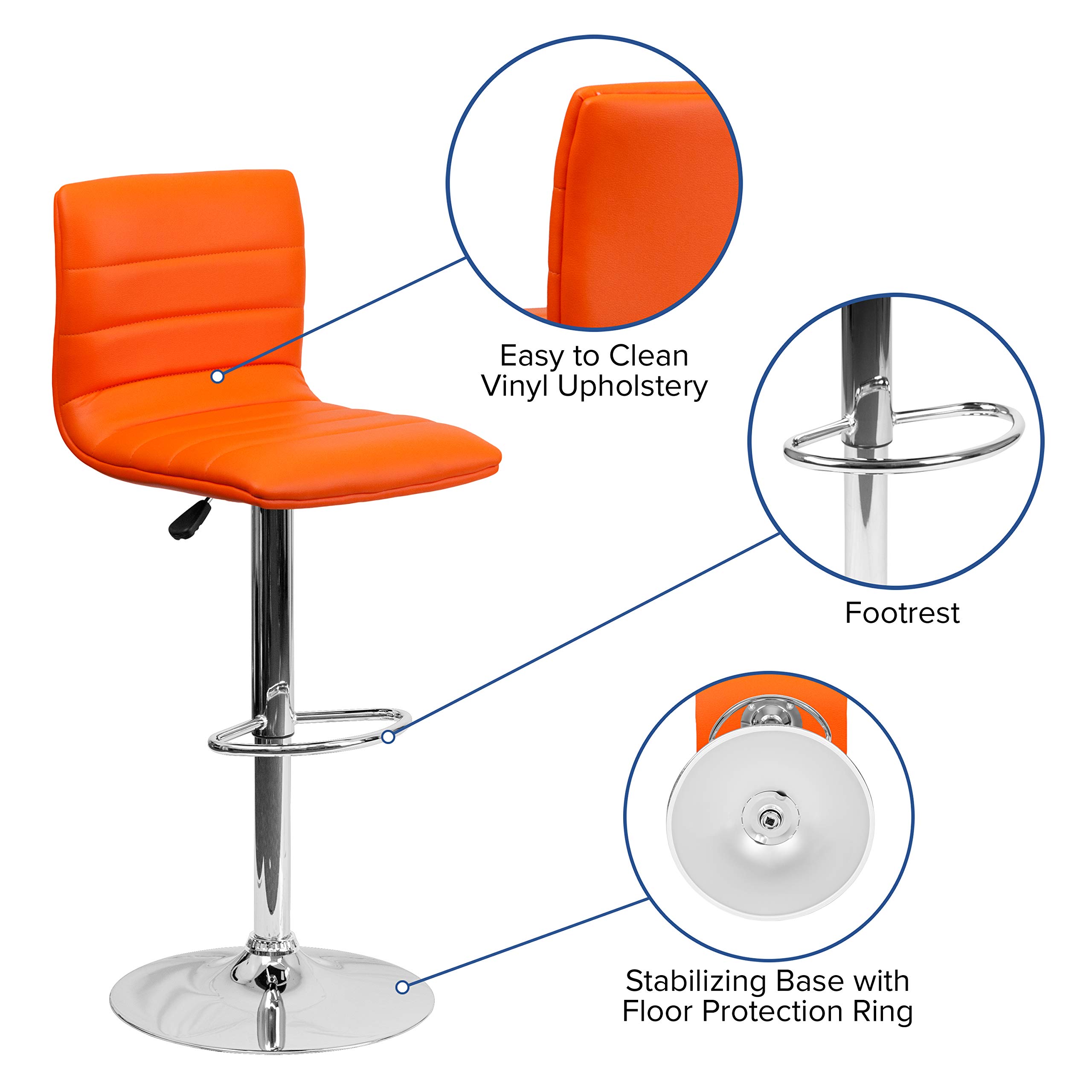 2 Pack Orange Vinyl Adjustable Height Bar Stools with Horizontal Stitch Back - Modern Kitchen Counter Stools for Dining Room, Breakfast Nook & Home Bar Decor