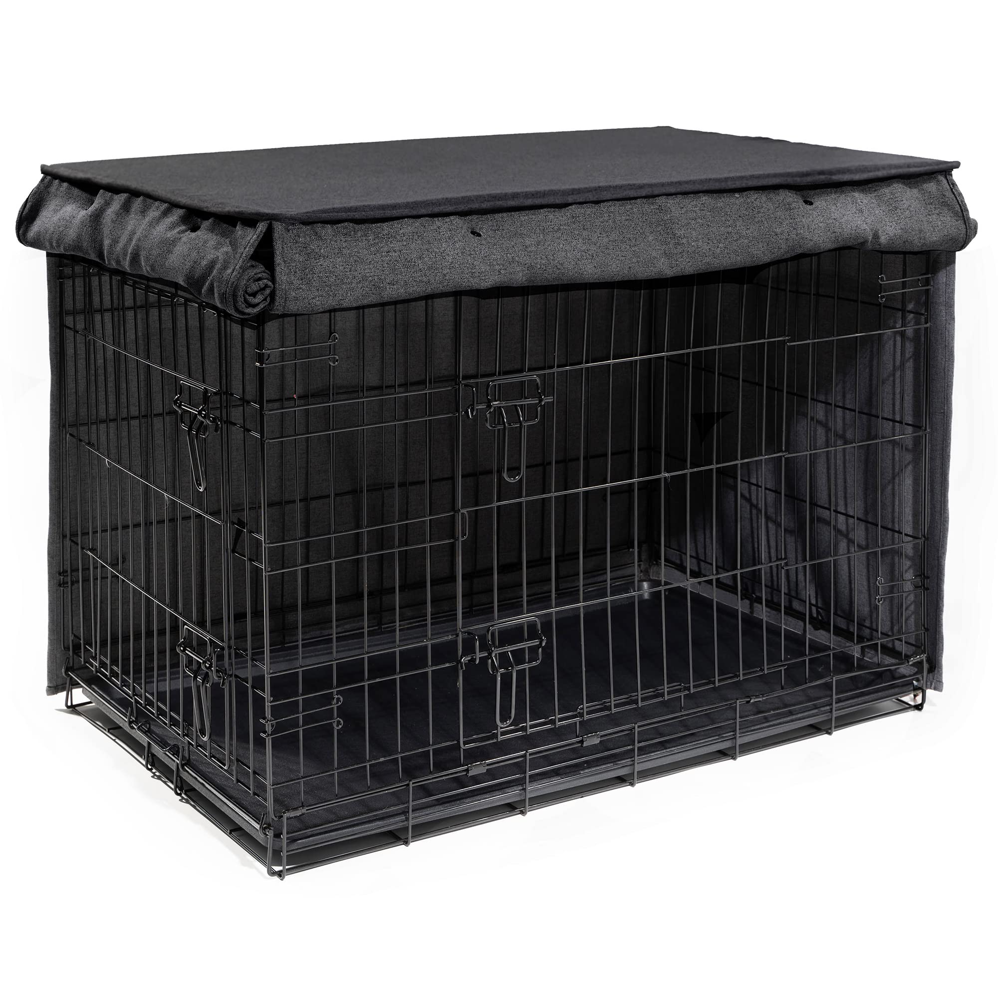 Friends Forever 48 Inch Metal Dog Crate Cover - Light Blocking Wire Kennel Cover with Protective Curtain & Roller Shades | Machine Washable Trucker Black | Ideal for Home, Travel & Outdoor Use
