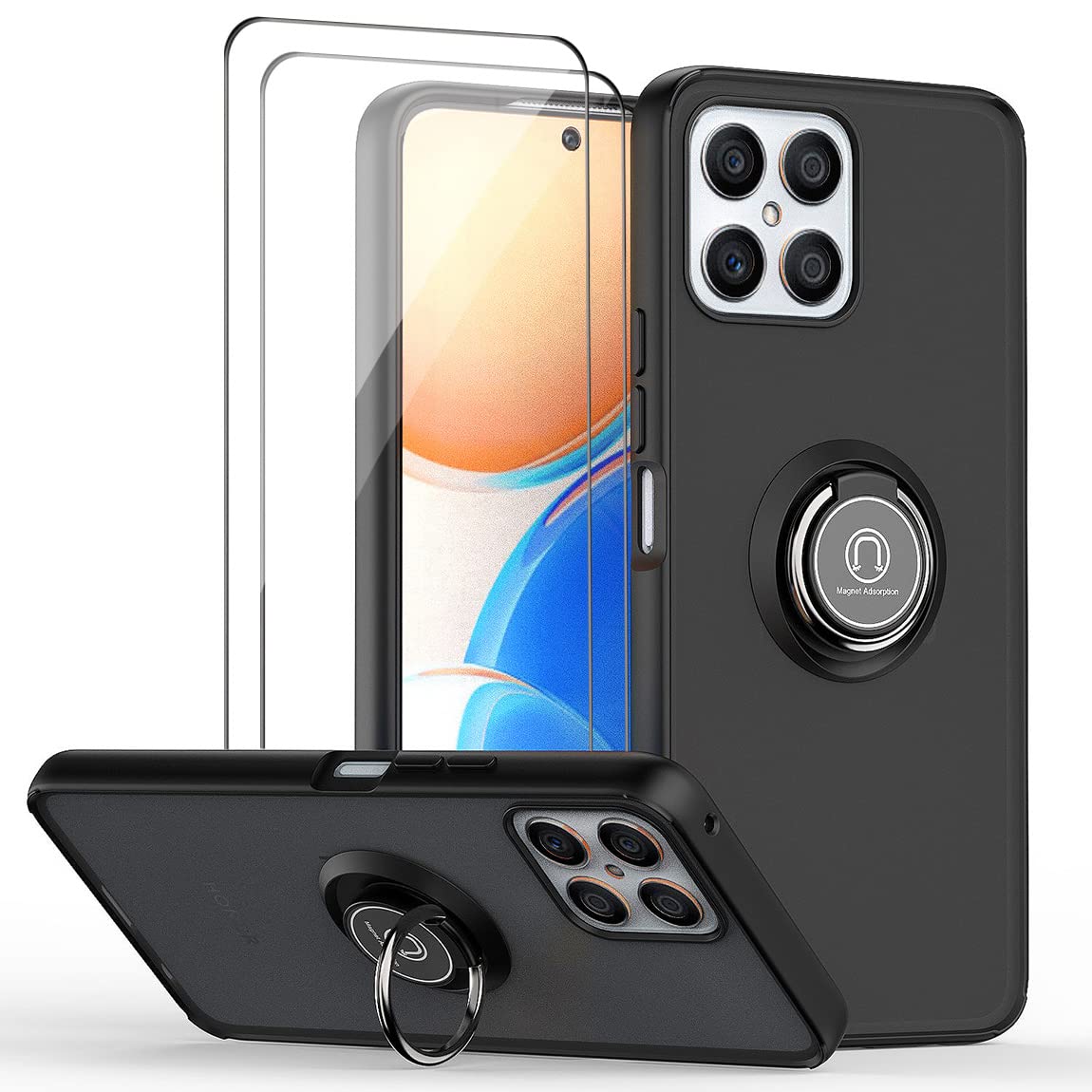 QUIETIP Shockproof Magnetic Phone Case for Honor X8 - TPU + PC Bumper Cover with 2 Pack Tempered Glass Screen Protector (Black) | Car Mount Compatible & Drop Protection for Daily Use & Travel