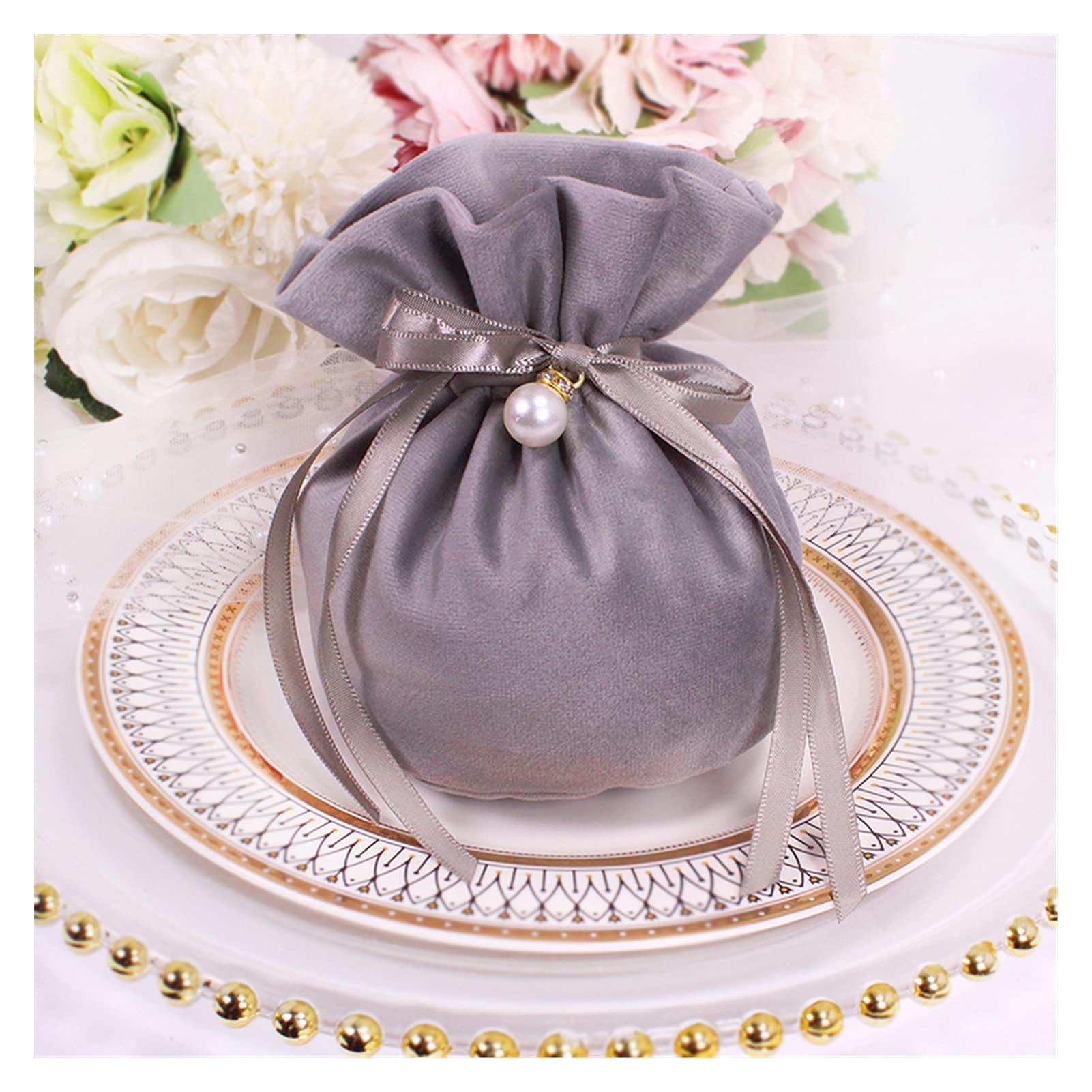 50pcs Elegant Pearl String Gift Bags - Christmas Birthday Party Favor Bags for Cookies, Candies & Small Gifts (Grey, 5pcs Set) - Perfect for Holiday Gifting, Baby Showers & Wedding Favors
