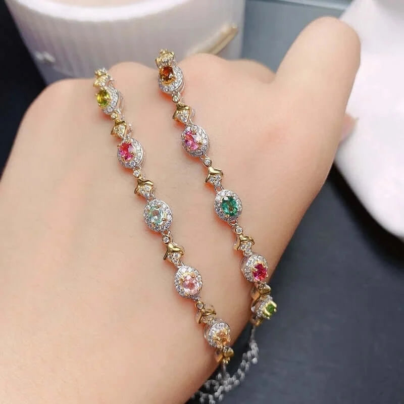 925 Sterling Silver Tourmaline Gemstone Chain Bracelet for Women - Elegant Jewelry Gift for Birthday, Anniversary & Special Occasions | FME B050