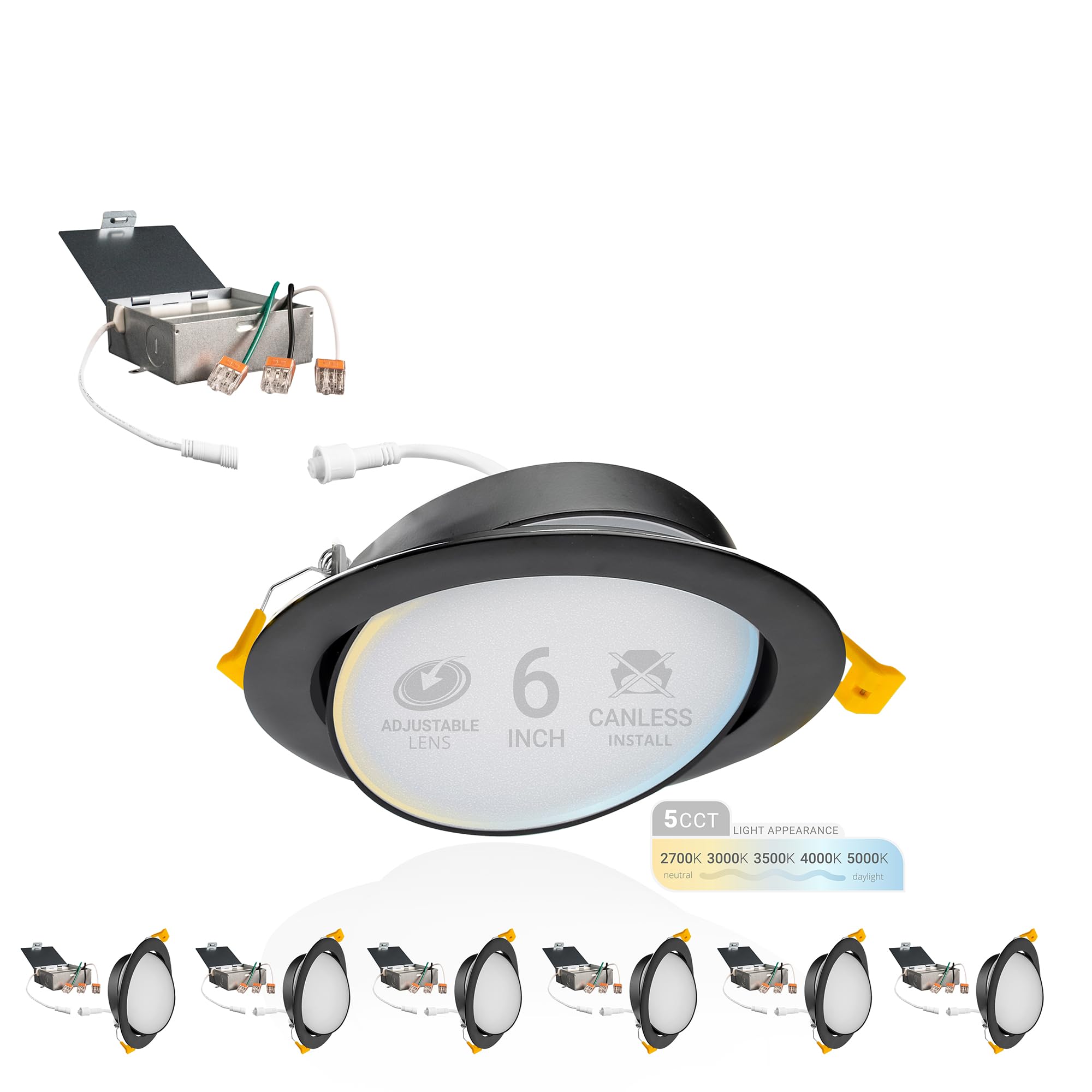 NUWATT 6 Inch Black Gimbal LED Recessed Lighting - 5CCT Adjustable Dimmable Wafer Lights (2700K-5000K) - 1050LM, 12W Canless Downlight for Sloped Ceiling - 6 Pack - Perfect for Living Room, Kitchen & Bedroom Lighting