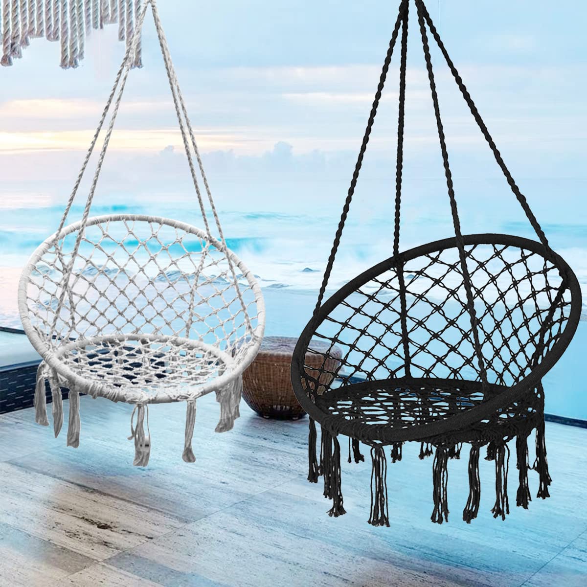 Bohemian Style Macrame Hammock Chair Swing Set of 2 - Handmade Knitted Cotton Rope Hanging Chair with Tassels for Indoor Outdoor Use (Bedroom, Patio, Garden) - Supports Max 330 lbs - Beige & Black - Perfect for Relaxation, Meditation and Boho Home Decor