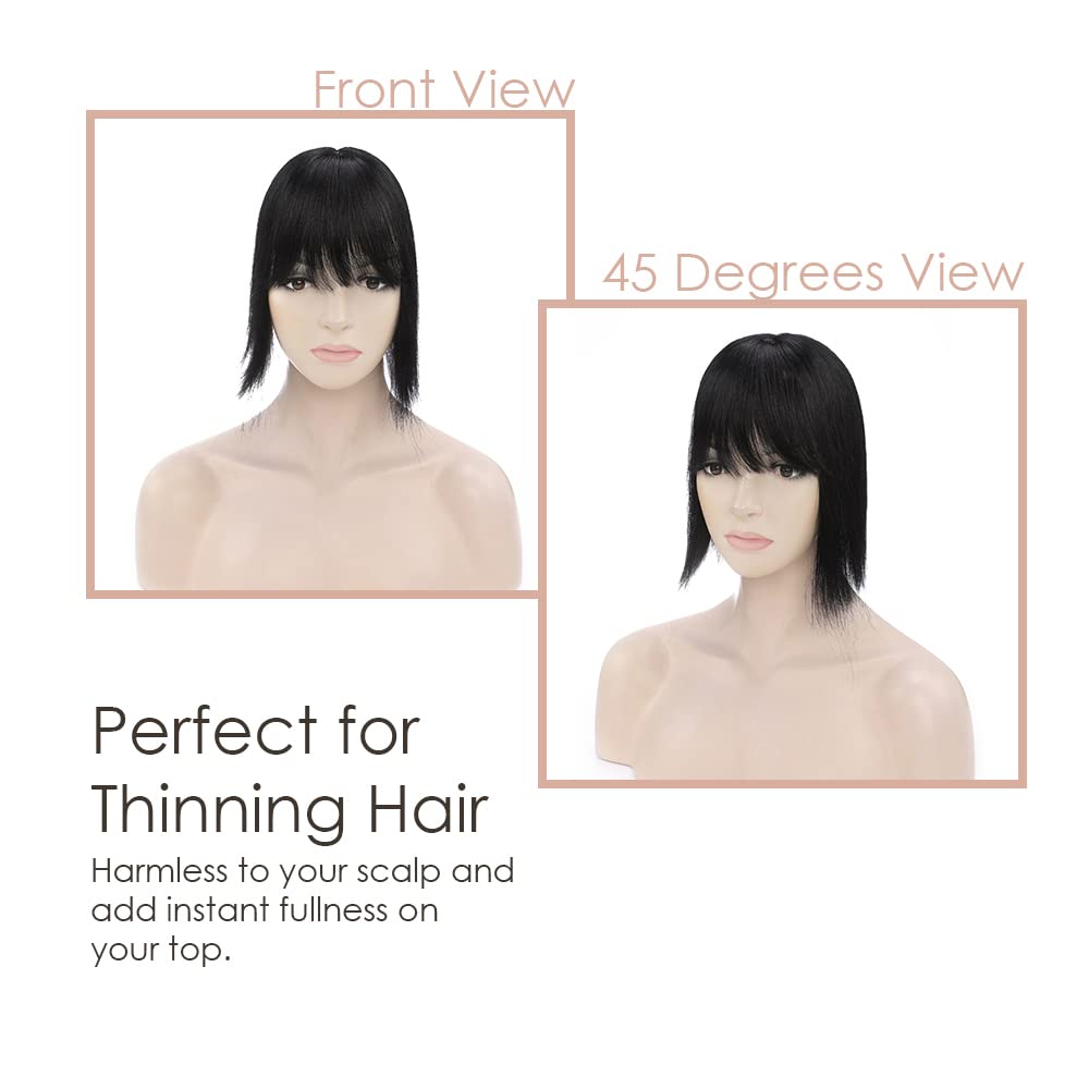 MY-LADY Real Human Hair Toppers for Women with Thinning Hair - 7x13cm Silk Base Hairpiece with Bangs, 150% Density, 6 Inch Clip-in Remy Hair in Jet Black - Perfect for Daily Wear, Parties & Special Occasions