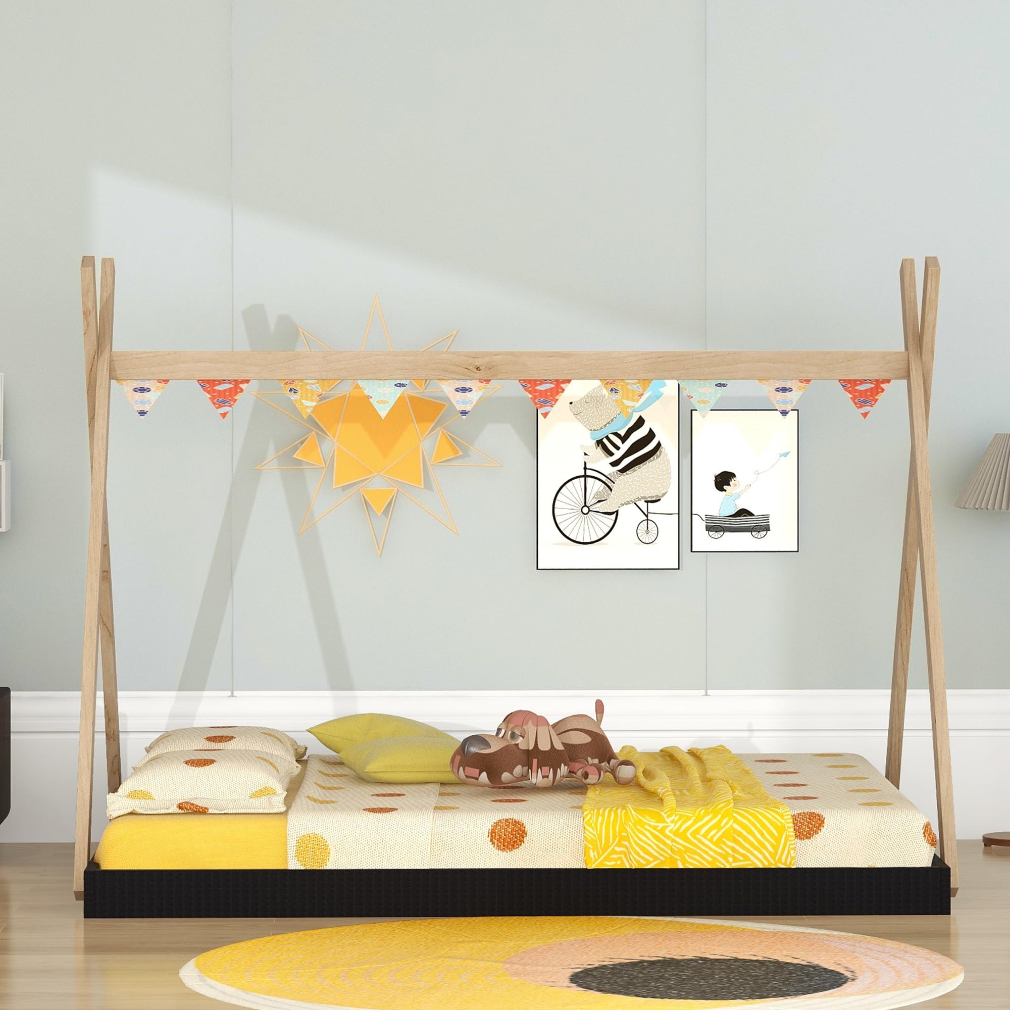 Bellemave Full Size Tent Floor Bed Frame with Sturdy Triangle Structure - Montessori Teepee Platform Bed for Kids, Girls & Boys (Full Size, Black & Brown) - Perfect for Playrooms, Bedrooms & Montessori Learning Spaces