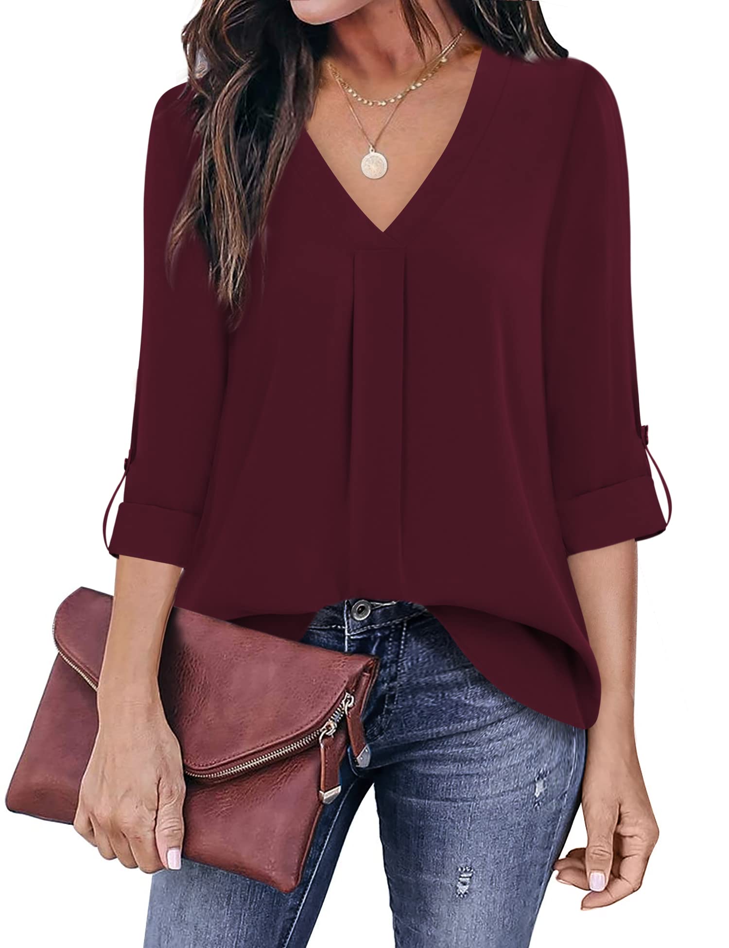 Youtalia Women's Casual Blouse - Loose Fit V-Neck 3/4 Sleeve Tunic Top for Work & Everyday Wear | Office, Date Night & Weekend Outfits