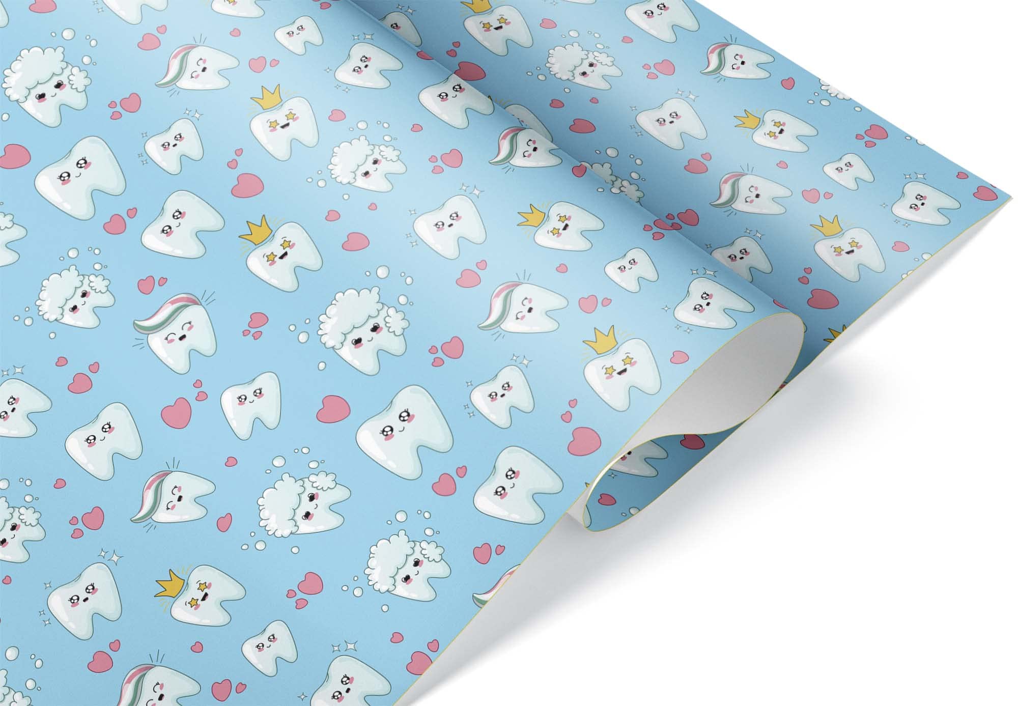 Kawaii Cute Teeth Design Blue Wrapping Paper - 20x30 Inch Single Sheet for Dentist Gifts, Dental Themed Parties & Tooth Fairy Surprises