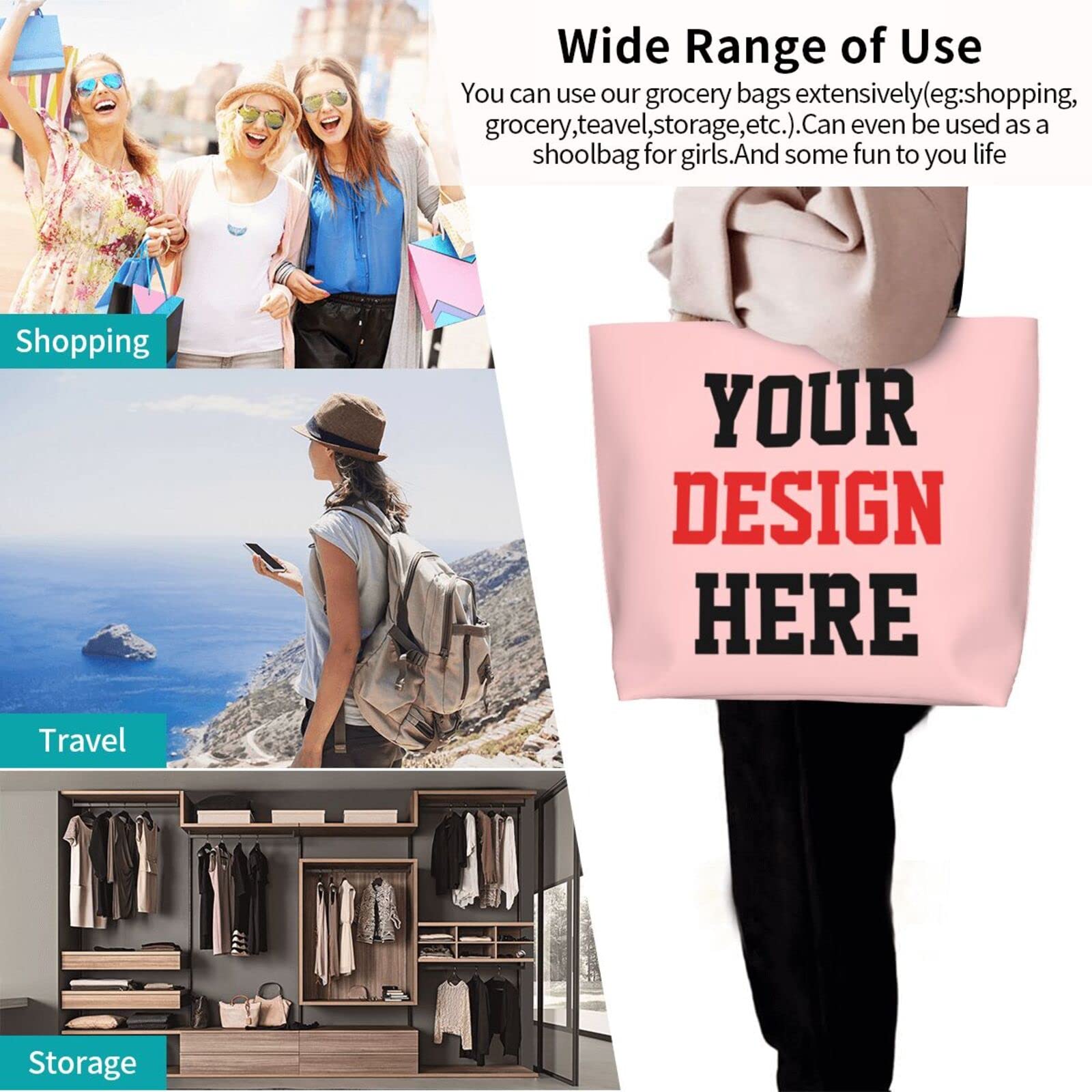 Custom Printed Tote Bags with Logo - Personalized Team Text & Picture Shoulder Bag for Women - Travel, Business, Shopping & Teacher Gifts - Eco-Friendly Reusable Grocery Bag