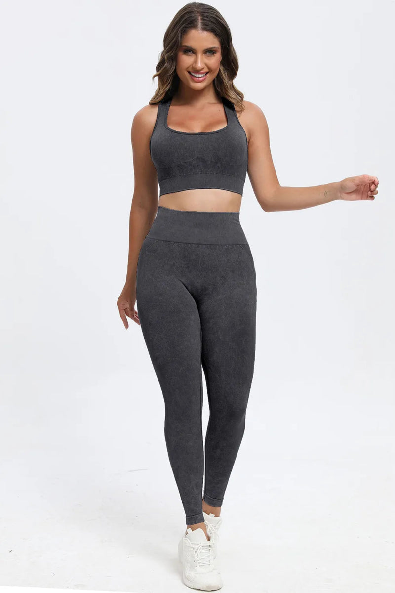 3 Piece Washed Square Neck Wide Strap Active Set for Women - Gym, Yoga & Lounge Wear - Comfortable Workout Outfit for Running & Pilates
