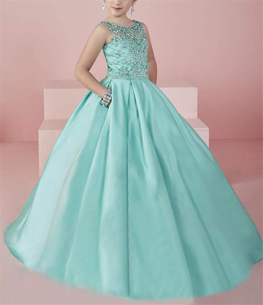 Elegant Sheer Neck Beaded Pageant Dress for Girls - Satin Backless Long Flower Girl Dress for Weddings & Special Occasions