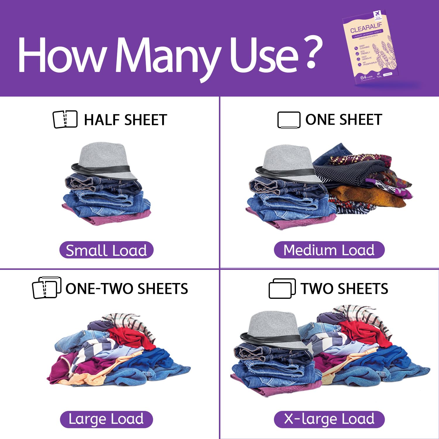 Eco-Friendly CLEARALIF Laundry Detergent Sheets - Hypoallergenic Lavender Scent (64 Loads) | Biodegradable & Travel-Friendly Laundry Strips for Home, Gym & Travel