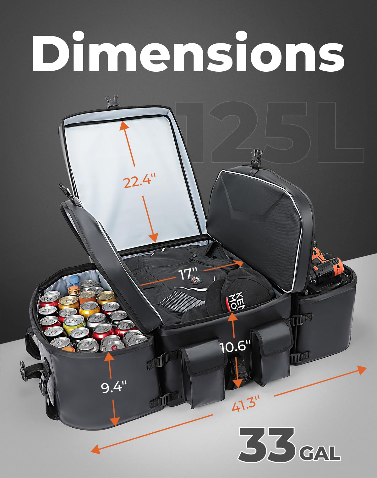 KEMIMOTO UTV Cargo Storage Bag for Can-Am Maverick R 2024-2025 | 125L Rear Bed Toolbox Trunk with 16L Cooler Bag | Durable Off-Road Gear Storage for Camping, Hunting & Outdoor Adventures