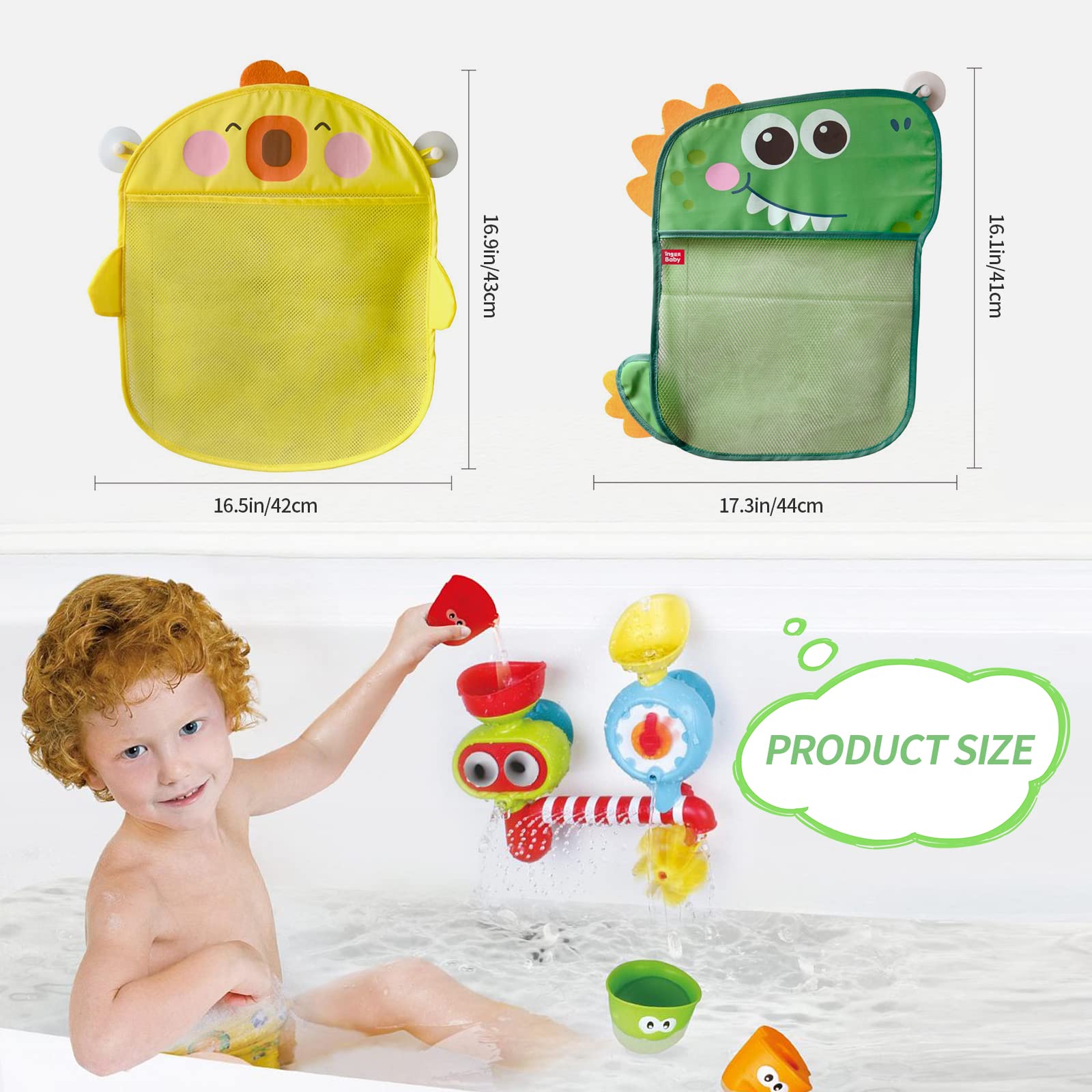 2 Pack Duck & Dinosaur Mesh Bath Toy Organizer with 8 Strong Hooks - Waterproof Shower Storage Net for Kids Bath Toys - Perfect Toddler Bathtub Organizer (1-3 Years) for Bathroom, Nursery & Daycare Use
