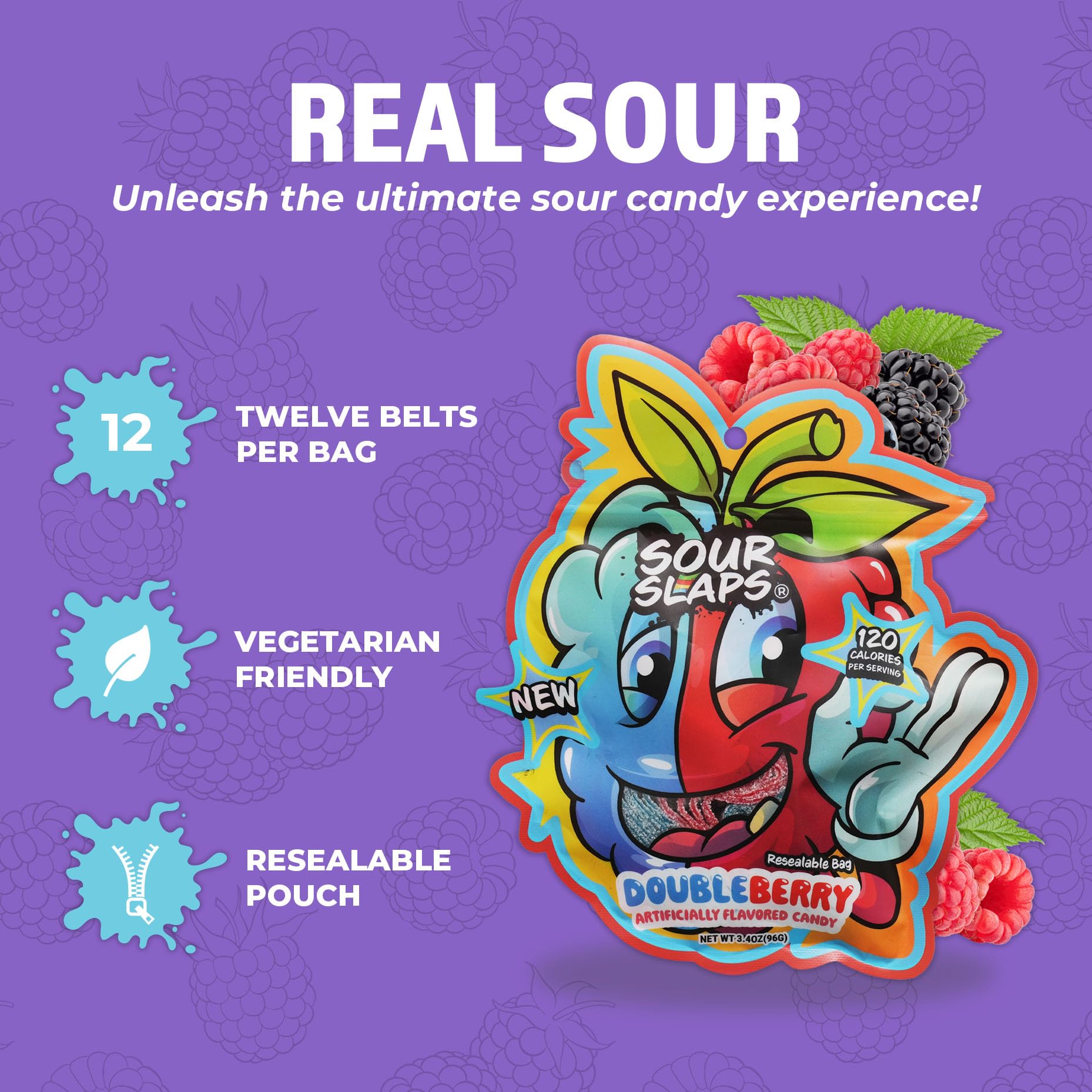 Sour Slaps 3-Pack Extreme Sour Candy Belts - Tangy Chewy Vegan Treat in 8 Flavors (Doubleberry) - Perfect for Parties, Movie Nights & Snack Time Fun