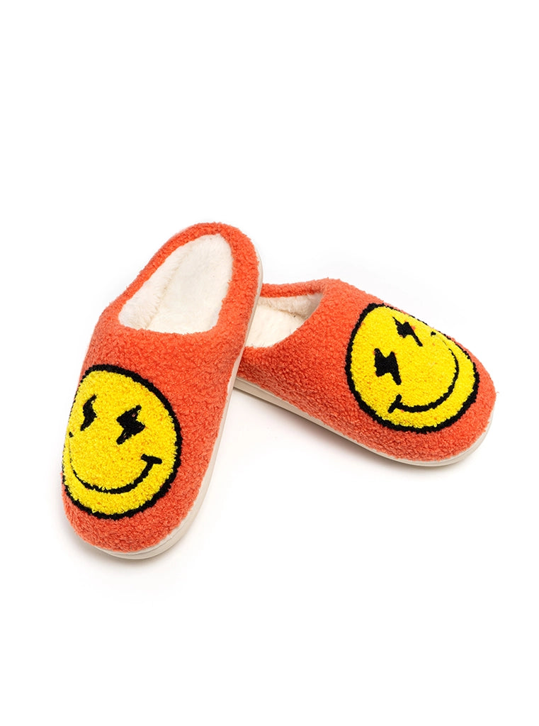 Cozy Smiley Face Slippers - Orange Fuzzy House Shoes with Lightning Eyes for Women & Men | Non-Slip Indoor/Outdoor Soles | Perfect for Home, Dorm & Lounge Comfort