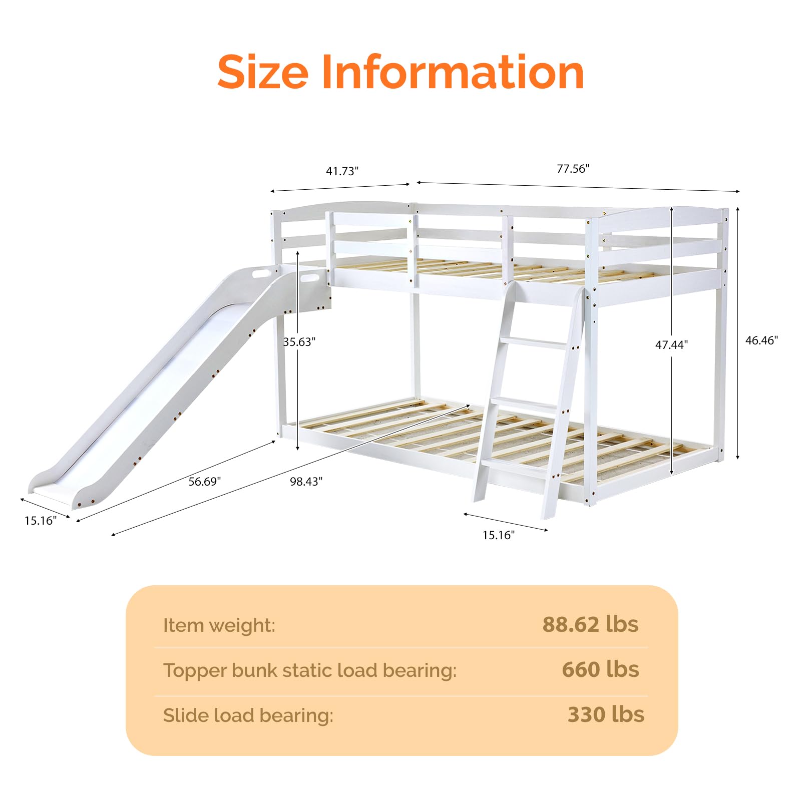 JOYMOR Twin Over Twin Bunk Bed with Curved Slide - Solid Pine Wood Low Bunk Bed with Angled Ladder & 14