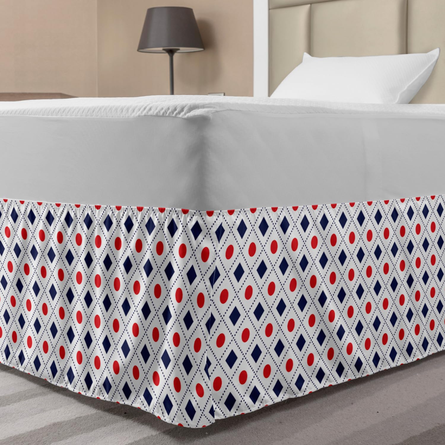 Ambesonne Navy Blue & Red Elastic Bed Skirt - Geometric Tile Print with Big Red Dots, Squares & Dashed Lines - Wrap Around Dust Ruffle for Twin/Twin XL Beds - Perfect for Modern Bedroom Decor & Guest Room Styling