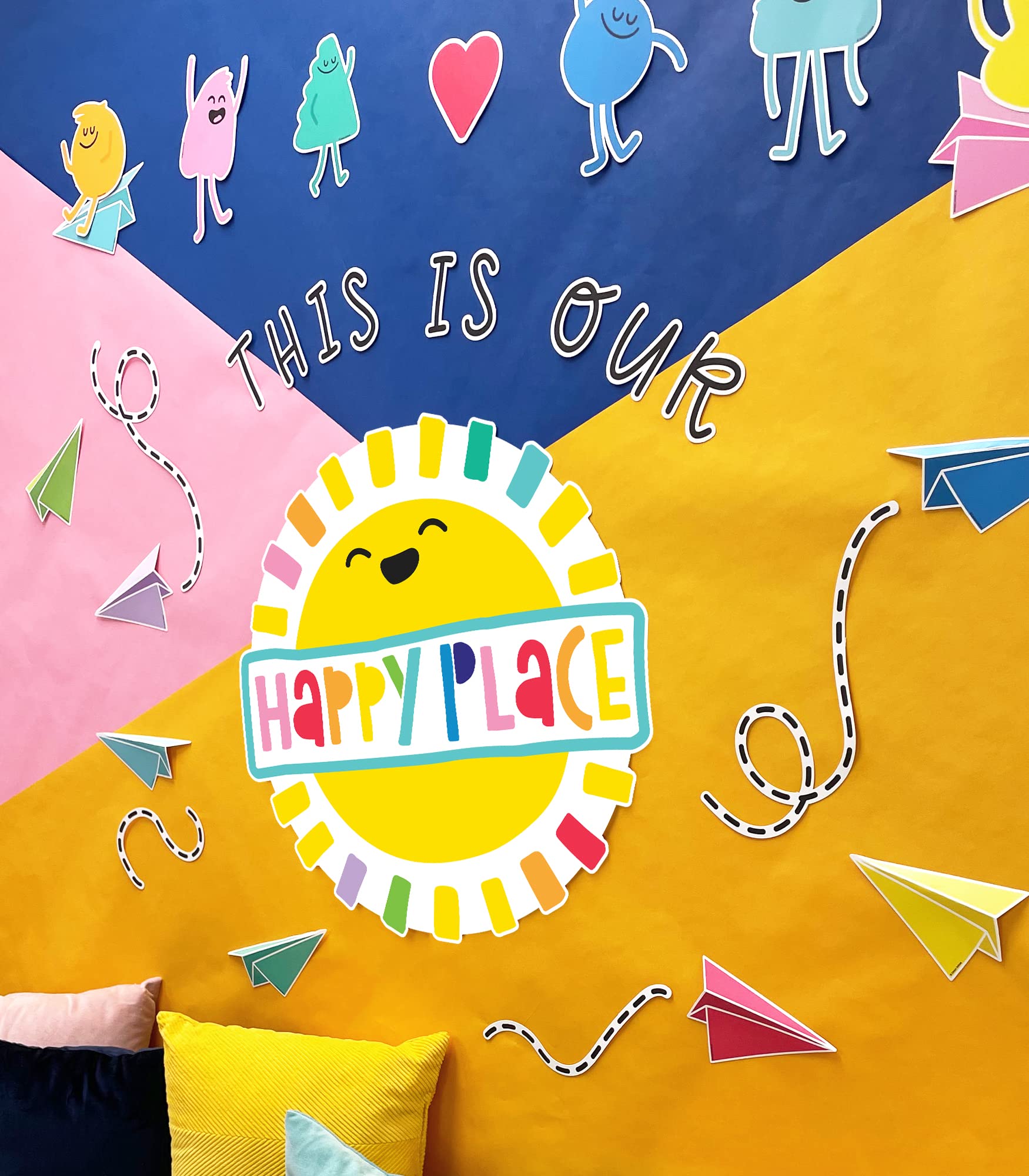 Carson Dellosa Rainbow Bulletin Board Set - 58 Piece Happy Place Classroom Decor with Heart & Paper Airplane Cutouts for Wall Decor | Perfect for Preschool, Elementary School & Homeschool Decorations