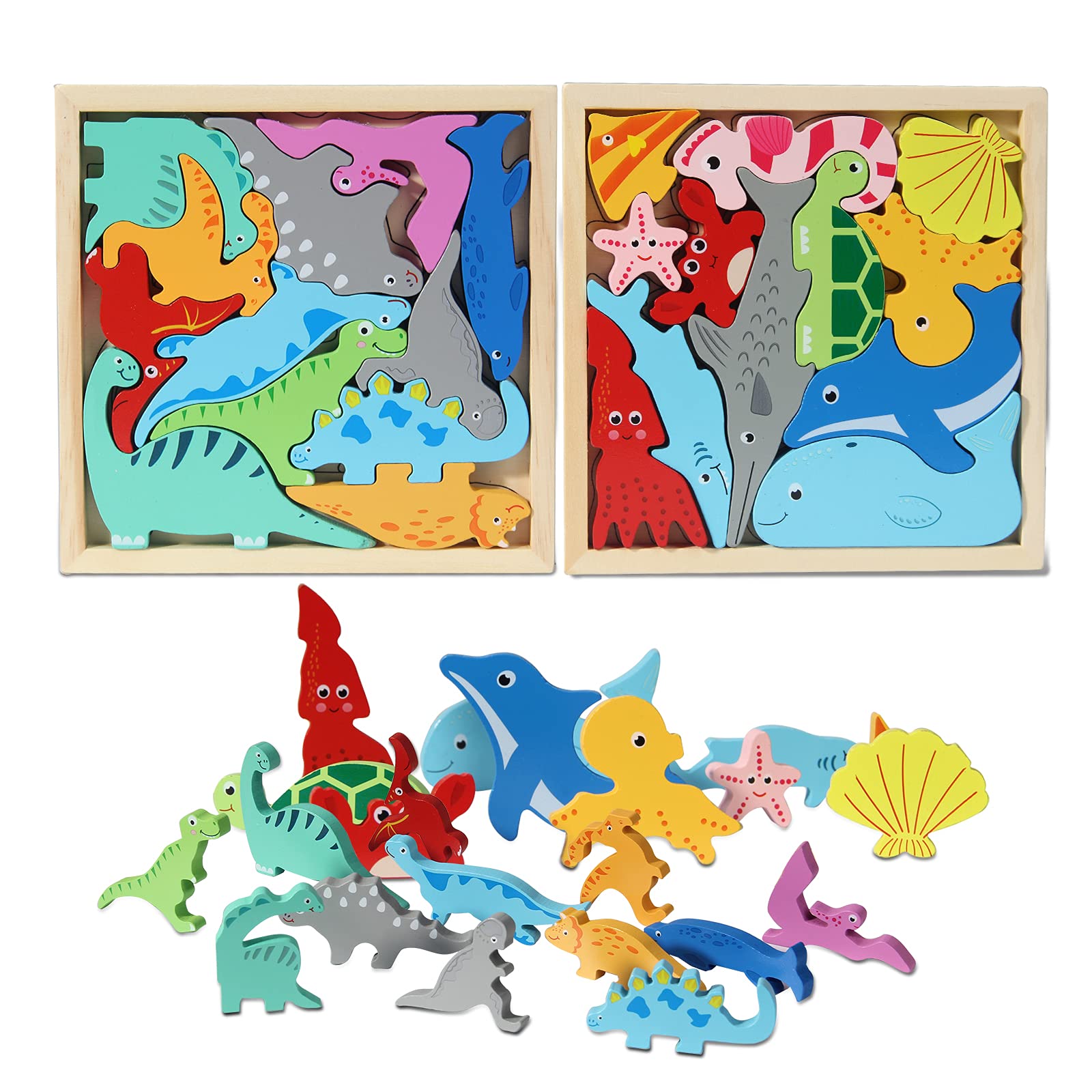 **Wooden Ocean & Dinosaur Stacking Puzzles for Toddlers 1-3 Years Old – Montessori Educational Sorting Toys for Boys & Girls Ages 3-6 – 2-Pack Learning Toys for Preschool, Daycare & Home Play**