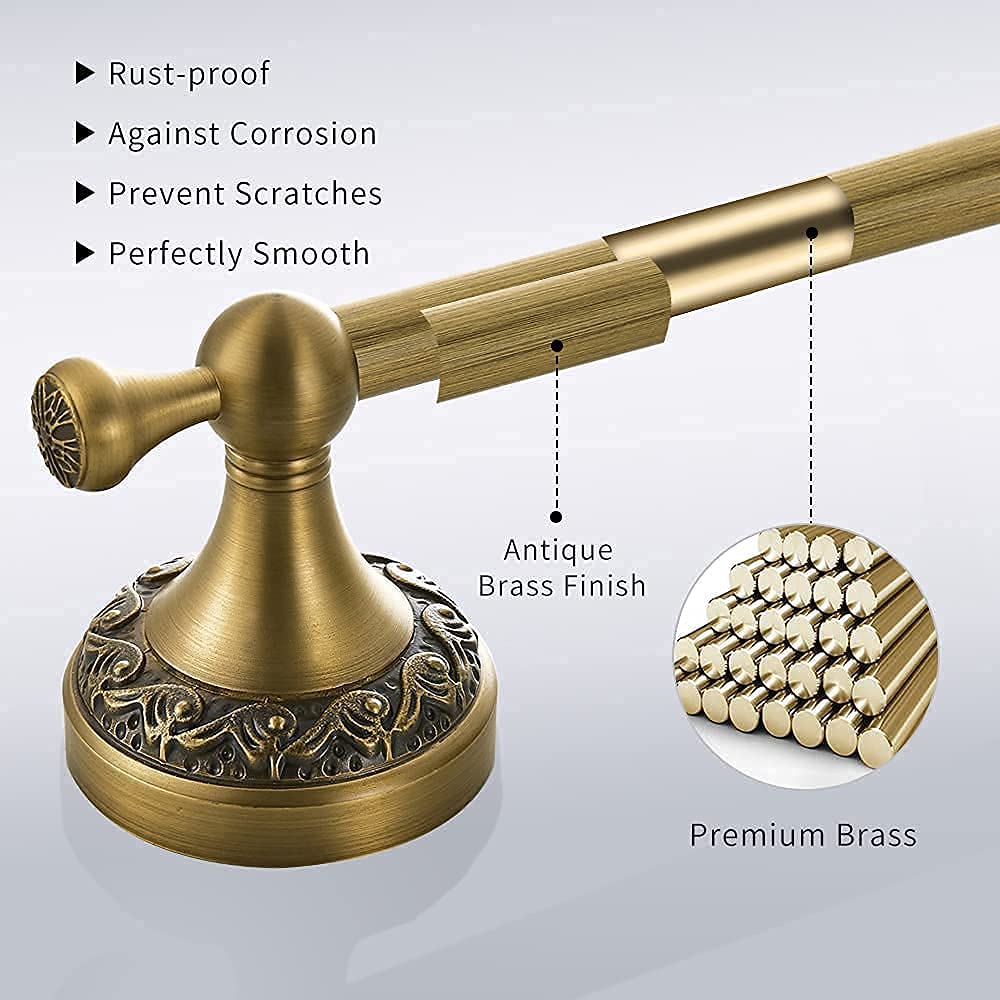 BATHSIR Antique Brass 4-Piece Bathroom Hardware Set - Adjustable Towel Bar, Expandable Towel Holder, Toilet Paper Holder, Towel Ring & Robe Hook - Vintage Carved Wall Mount Accessories for Classic & Farmhouse Style Bathrooms