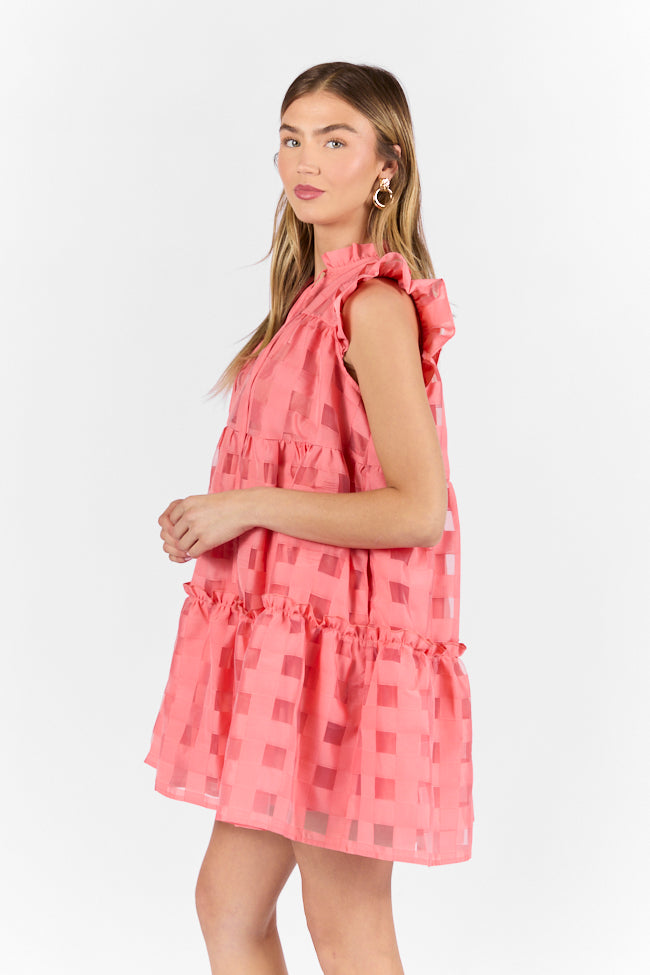 On The Line Coral Ruffle Shoulder Textured Mini Dress - Women's Summer Party Cocktail Dress for Beach Vacation & Date Night