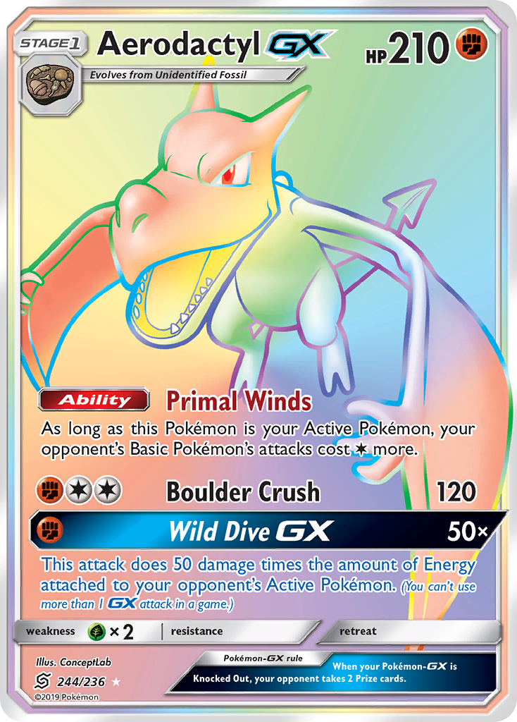 Aerodactyl GX Pokemon Card (244/236) - Sun & Moon: Unified Minds - Rare Collectible Trading Card for Battles & Display