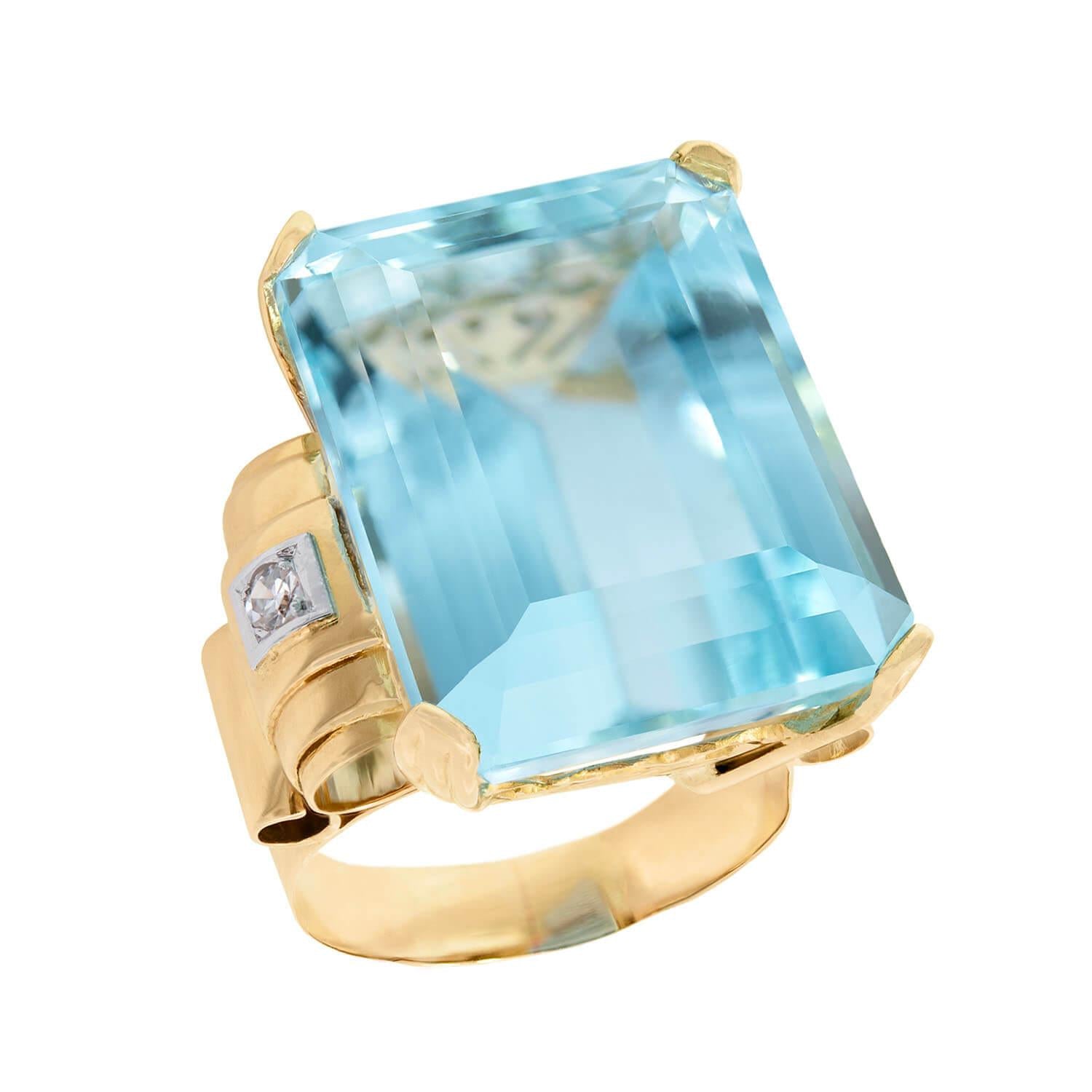 GIA Certified 16k Rose Gold Vintage Aquamarine and Diamond Cocktail Ring - 30.05 Carat Statement Jewelry for Weddings, Anniversaries & Special Occasions