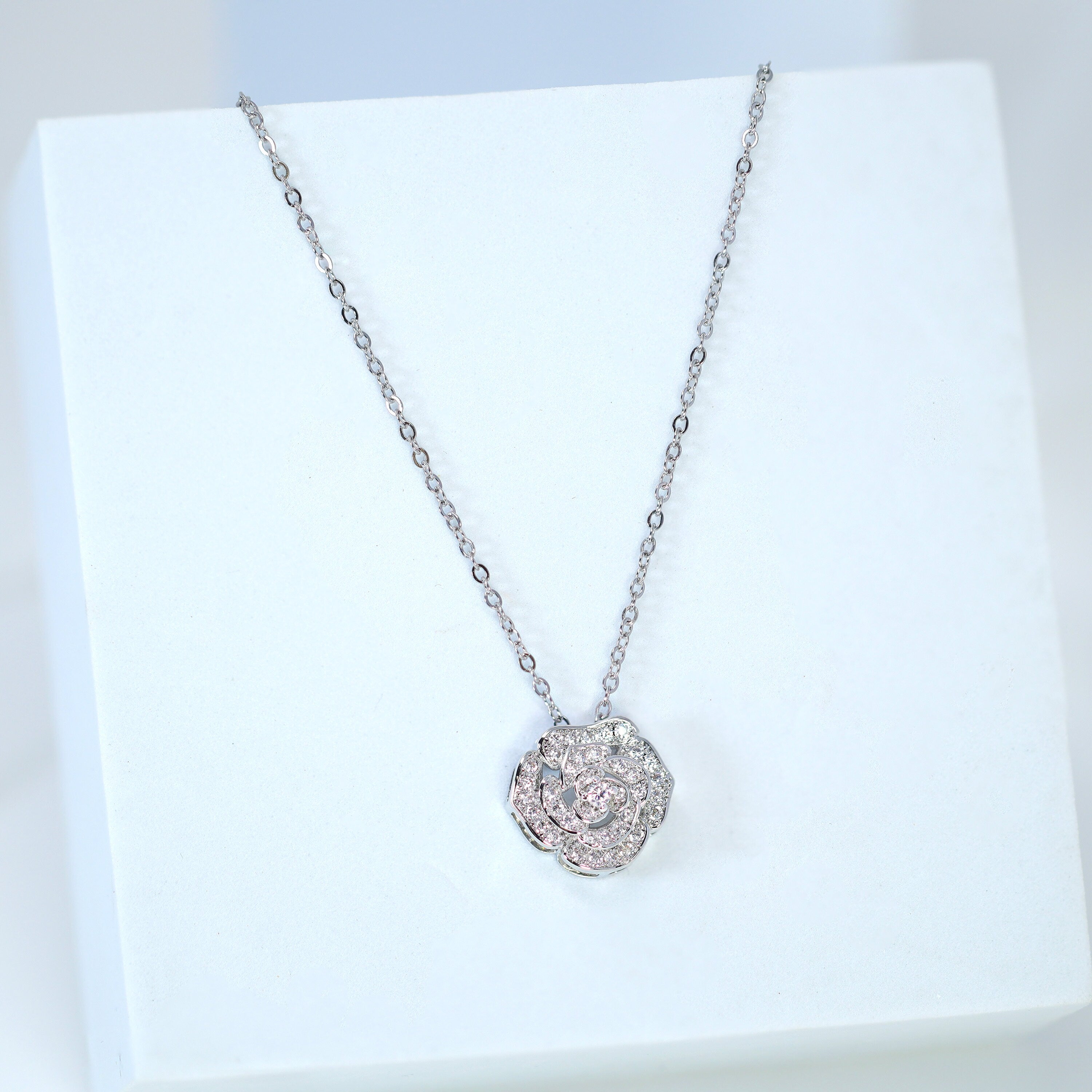Swarovski Crystal Rose Necklace and Stud Earrings Set - Bridal Jewelry for Weddings, Crystal Statement Necklace with CZ Stones - Perfect for Brides, Prom, Anniversary & Special Occasions