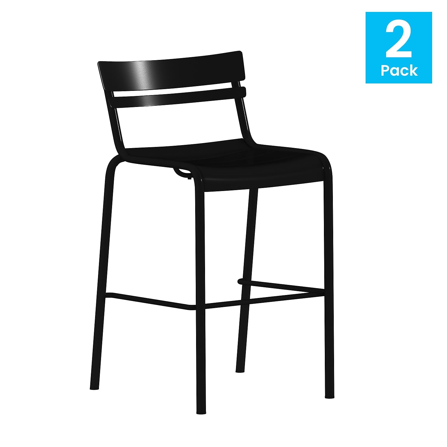 Flash Furniture Nash Commercial Grade Steel Stack Stool - Set of 2 Black Indoor-Outdoor Bar Stools with 2 Slat Back - Perfect for Home Bars, Restaurants & Patios
