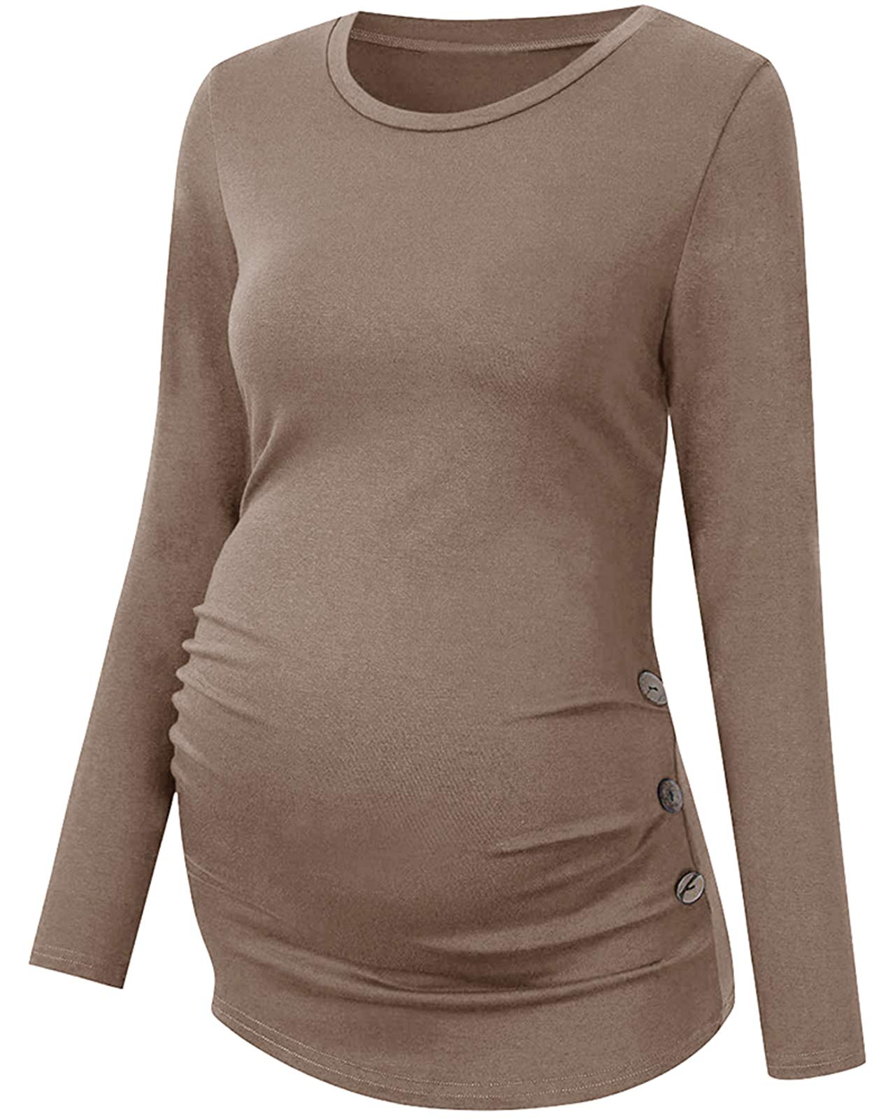 Chuanqi Women's Maternity Shirt - Soft Long Sleeve Crew Neck Pregnancy T-Shirt with Side Ruched Tunic Top for Fall | Comfortable Maternity Wear for Work, Casual Outings & Pregnancy Photos
