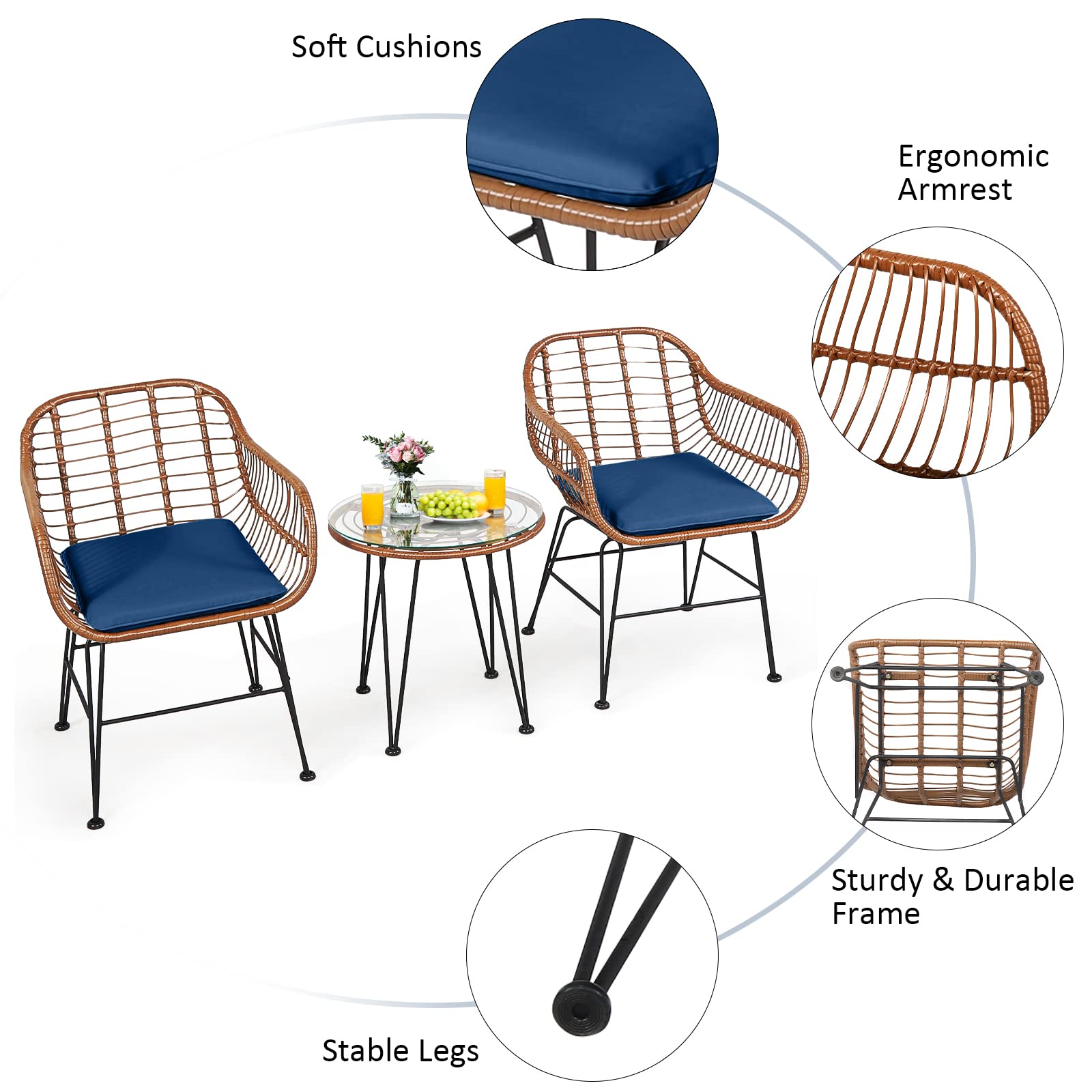 Tangkula 3-Piece Patio Conversation Set - Outdoor Wicker Bistro Furniture with Round Tempered Glass Table & 2 Rattan Armchairs, Includes Cushions - Perfect for Porch, Backyard, Garden, Poolside & Outdoor Dining