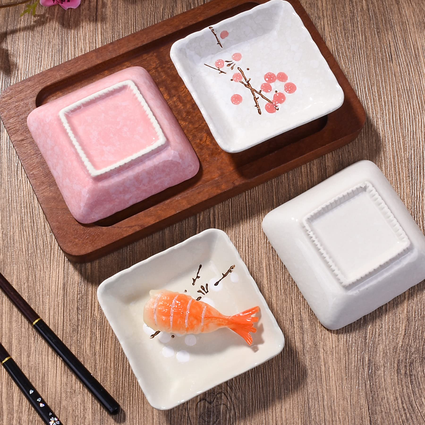 Japanese Ceramic Sauce Dish Set of 4 - Square Soy Sauce Dish for Sushi, BBQ, Dipping Sauces - Microwave & Dishwasher Safe - Perfect for Restaurants, Home Dining, and Party Platters