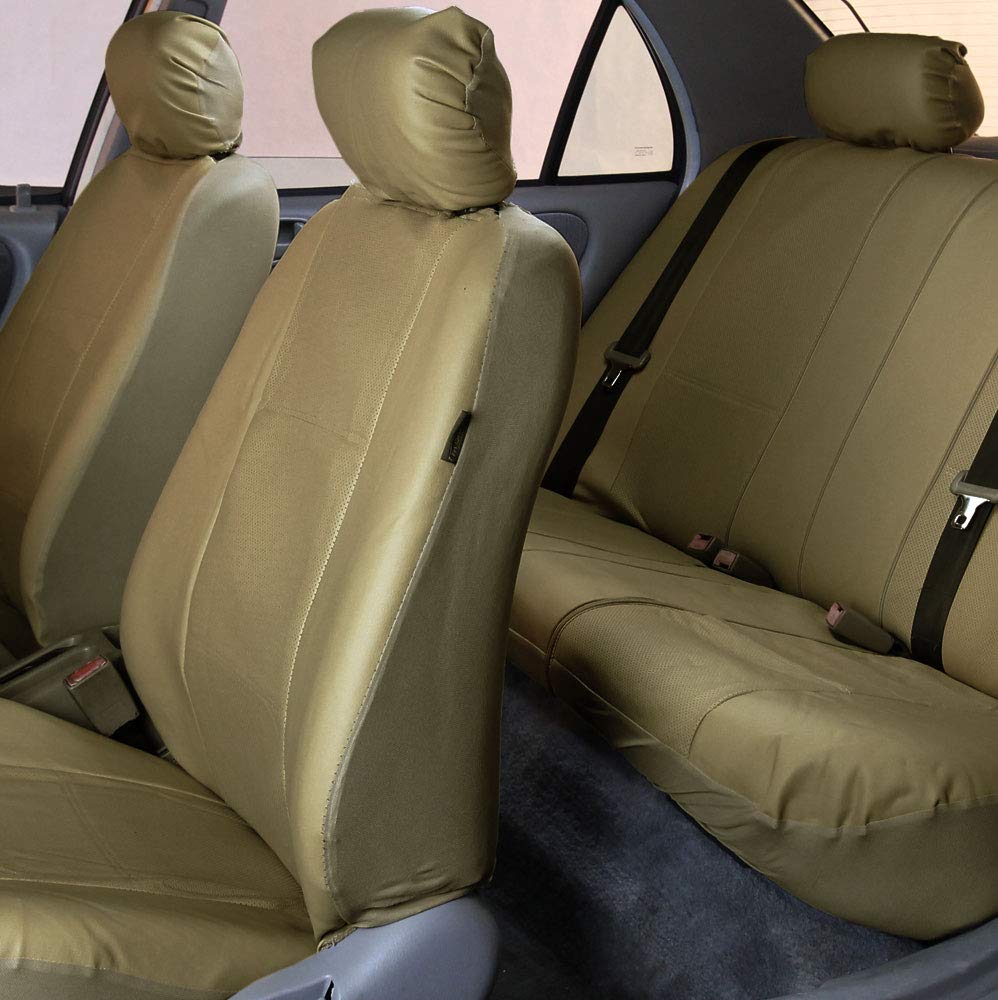 Premium FH Group Universal Car Seat Covers - Beige Full Set Leatherette Protector with Vinyl Floor Mats | Airbag Compatible, Split Bench Design | Perfect for SUVs, Trucks & Sedans | Interior Accessories for Comfort & Style