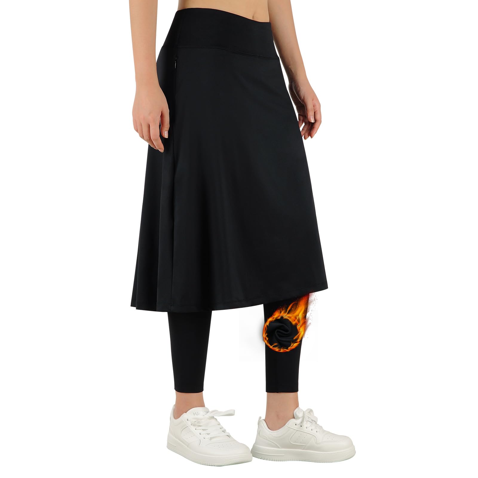 ANIVIVO Women's Winter Warm Fleece-Lined Leggings with Skirt - Knee Length Thermal Tights with Zipper Pockets for Cold Weather | Perfect for Work, Travel & Outdoor Activities