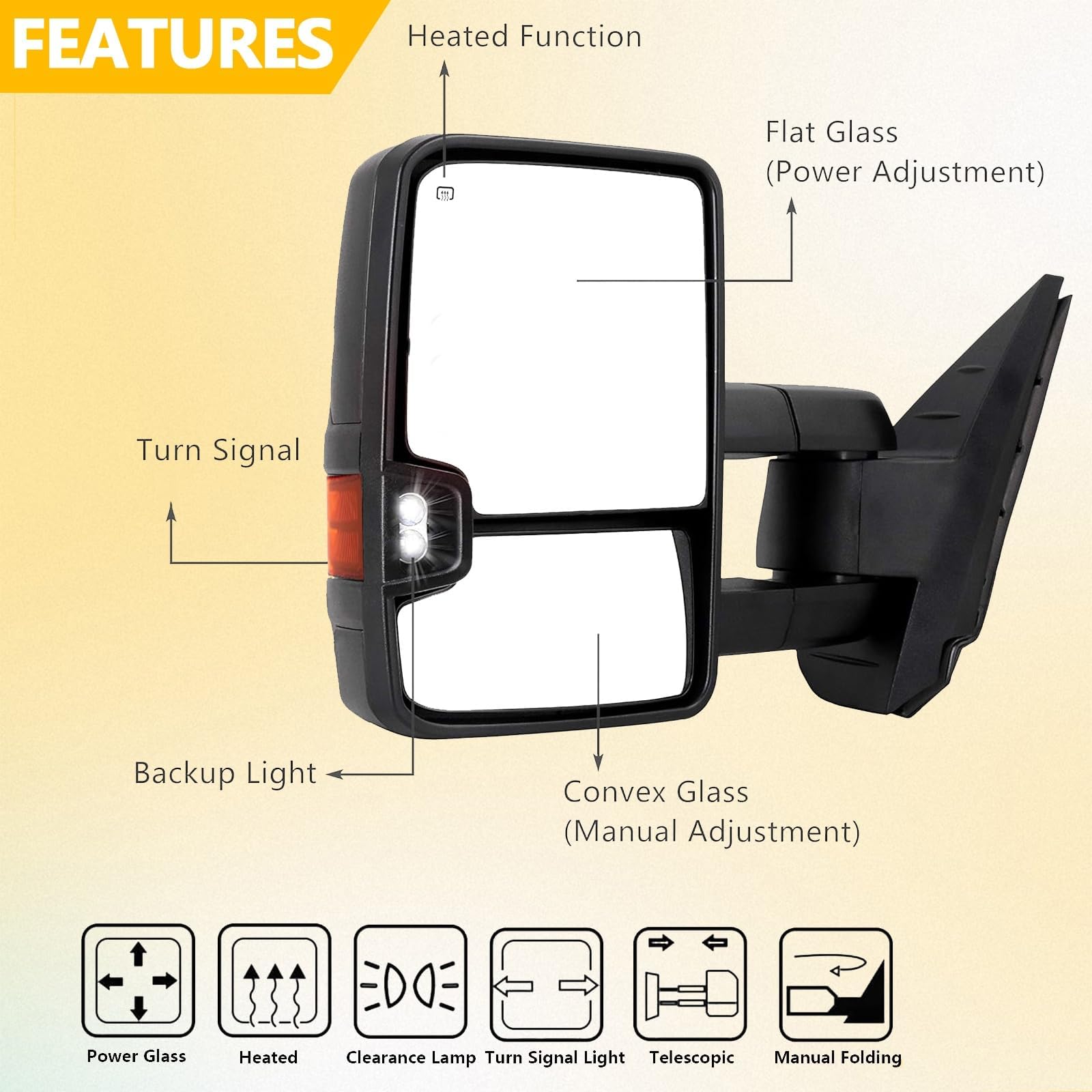 Heavy Duty Towing Mirrors for 1999-2002 Chevy Silverado Avalanche Tahoe & GMC Sierra Yukon XL 1500/2500/3500 HD - Power Heated with Amber Turn Signal & Clearance Lamps (Black Pair) - Perfect for Towing Trailers, Boats & RVs