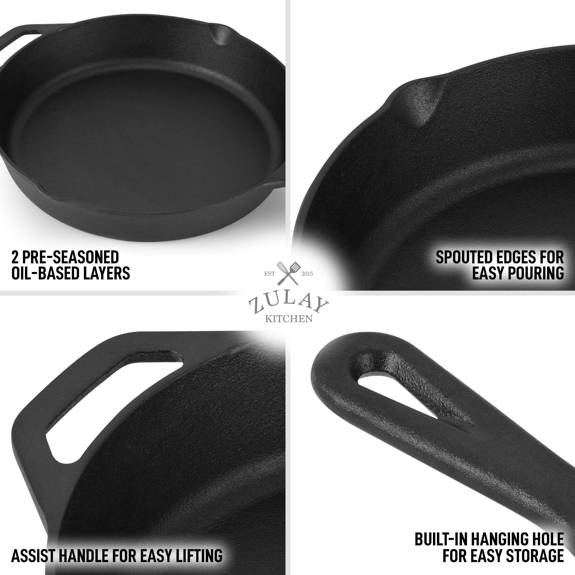 Zulay Kitchen 12 Inch Pre-Seasoned Cast Iron Skillet - Heavy Duty Oven Safe Skillet for Stovetop, Grill, Induction & Campfire Cooking - Perfect for Searing Steaks, Baking Pizza & Outdoor Camping Meals