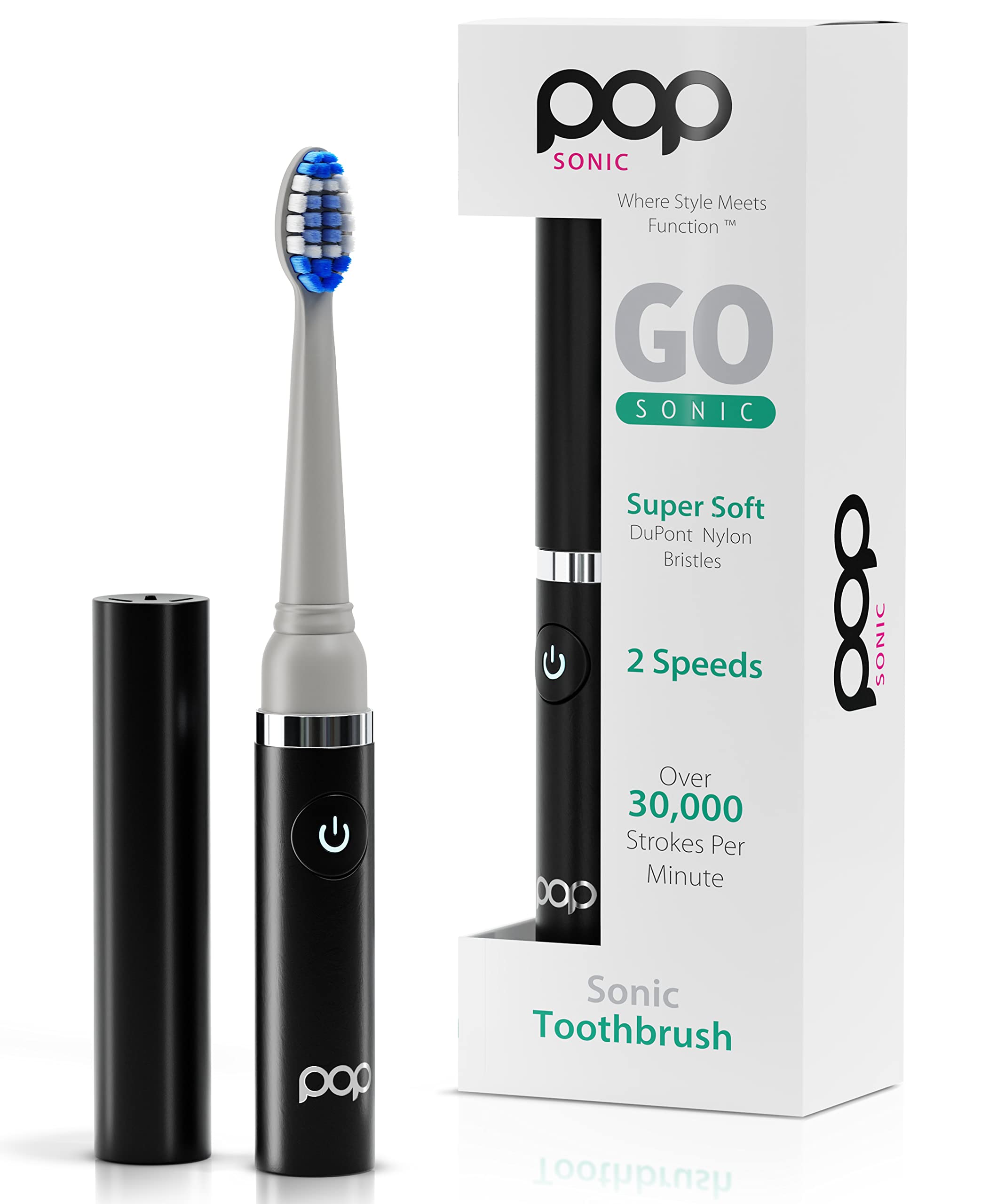 Pop Sonic Electric Toothbrush for Adults & Kids - Rechargeable Travel Toothbrush with 2 Speed Modes (15,000-30,000 RPM), DuPont Nylon Bristles - Perfect for Home, Travel & Daily Oral Care (Black)