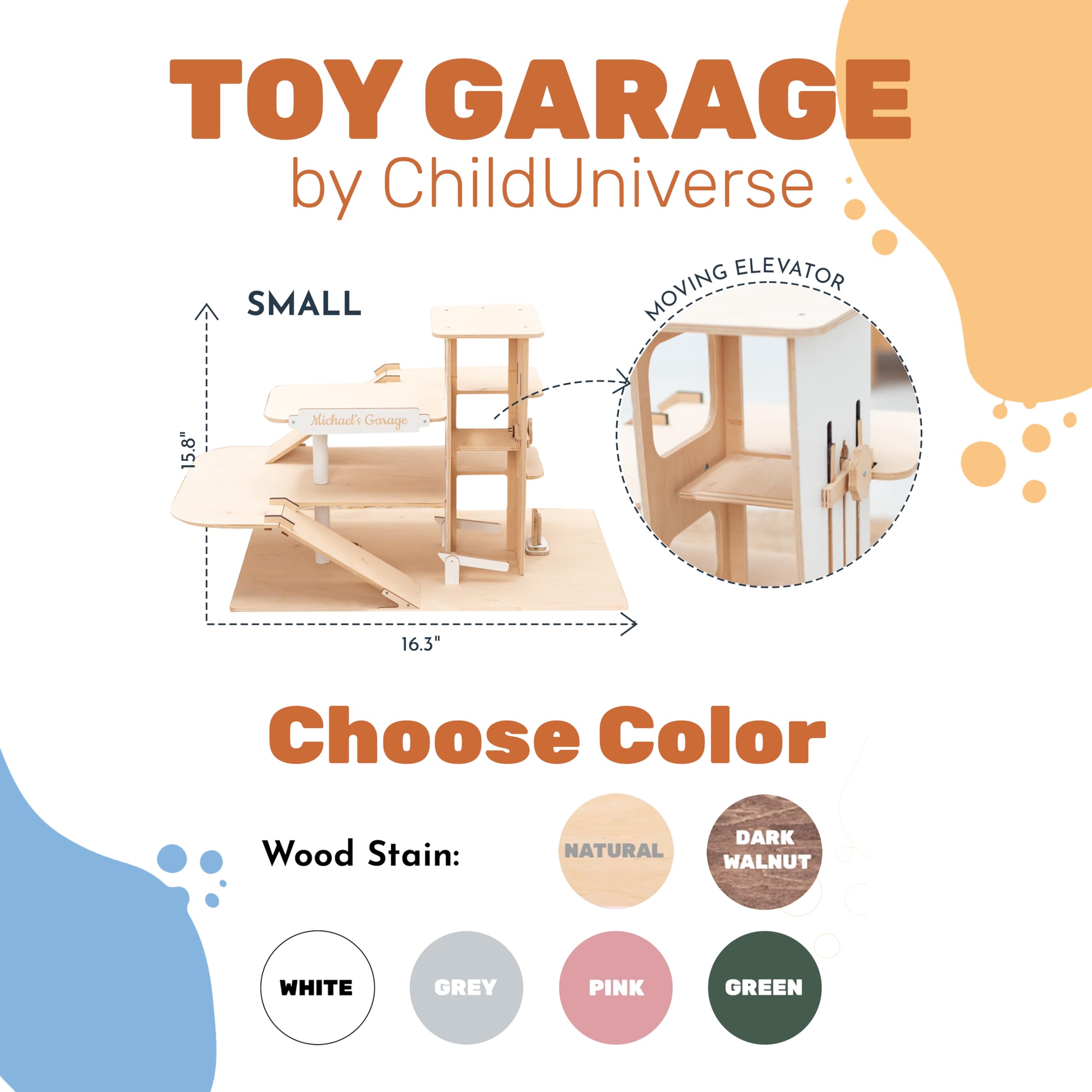 **Wooden Toy Parking Garage with Elevator - Car Storage Organizer for Hot Wheels & Mini Cars - Toddler Gift for Boys & Girls Ages 1-4 - Small Natural Wood Shelf for Playroom, Bedroom, or Daycare**