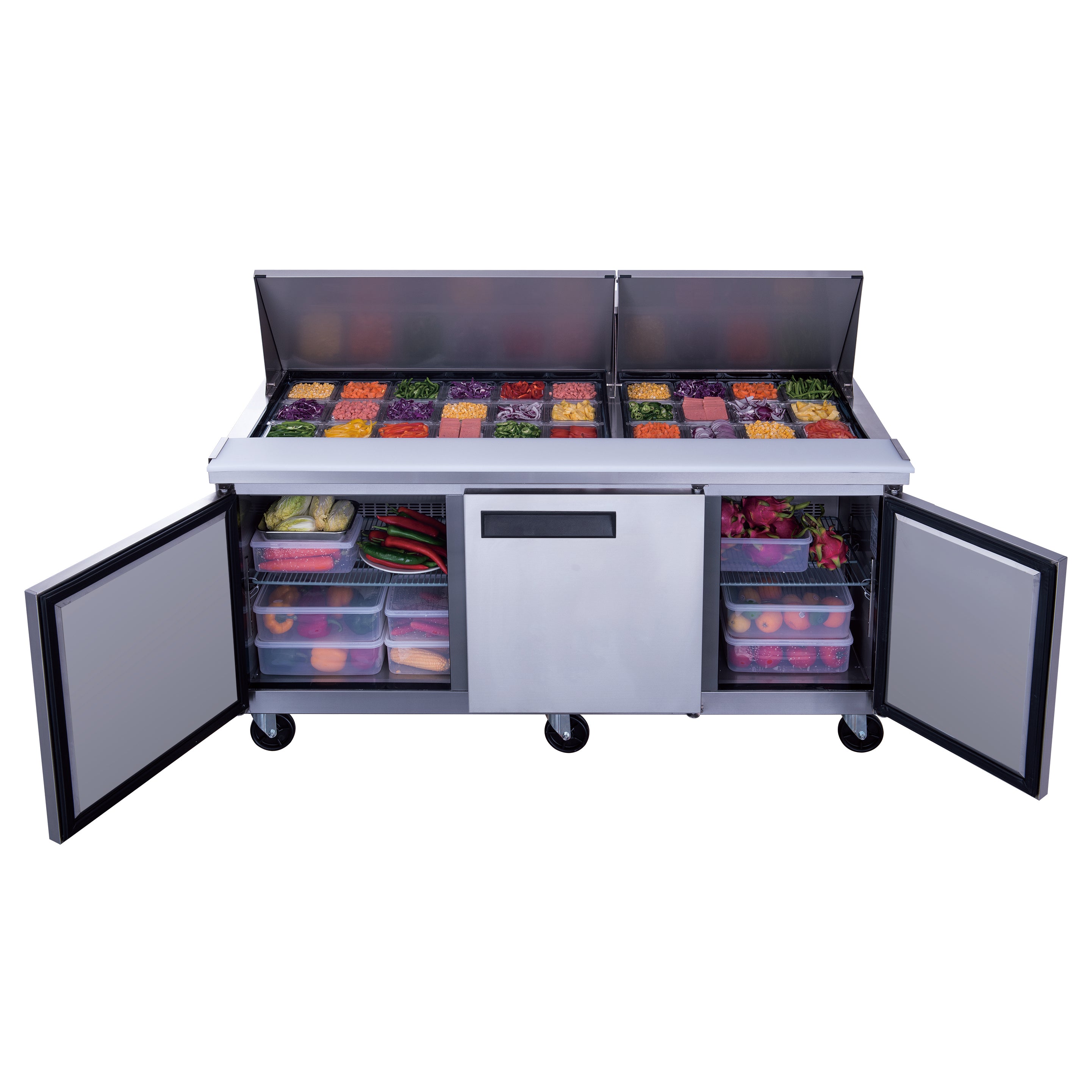 Dukers DSP72 30M 3-Door Commercial Refrigerator - 30 Cubic Feet Stainless Steel Food Prep Table with Mega Top | Ideal for Restaurants, Catering & Commercial Kitchens