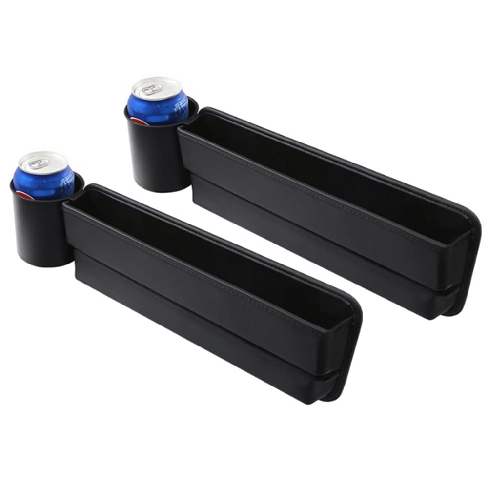 Tumecos 2-Pack Black Leather Car Seat Gap Organizer - Storage Box & Gap Filler with Cup Holder for Phone, Wallet, Keys, Coins - Perfect for Sedans, SUVs & Trucks - Auto Center Console Organizer for Road Trips & Daily Commute