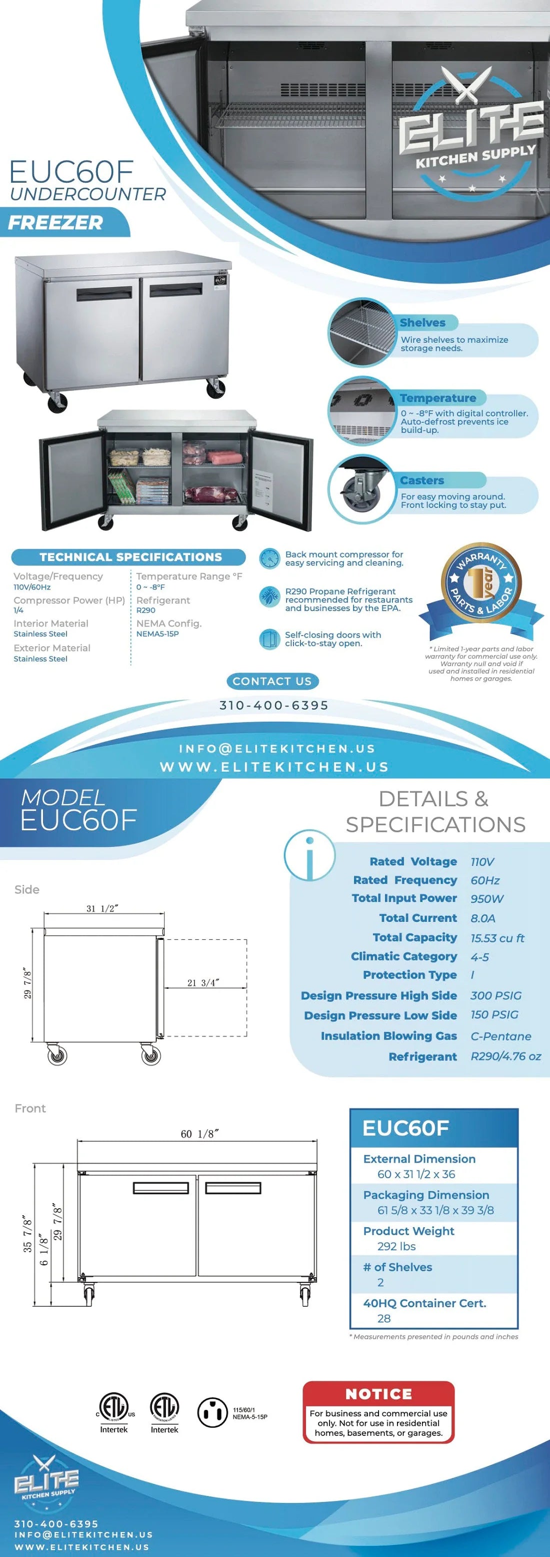 EUC60F 2 Door Undercounter Commercial Freezer - Energy Efficient Restaurant & Cafe Refrigerator for Small Business Kitchen Storage