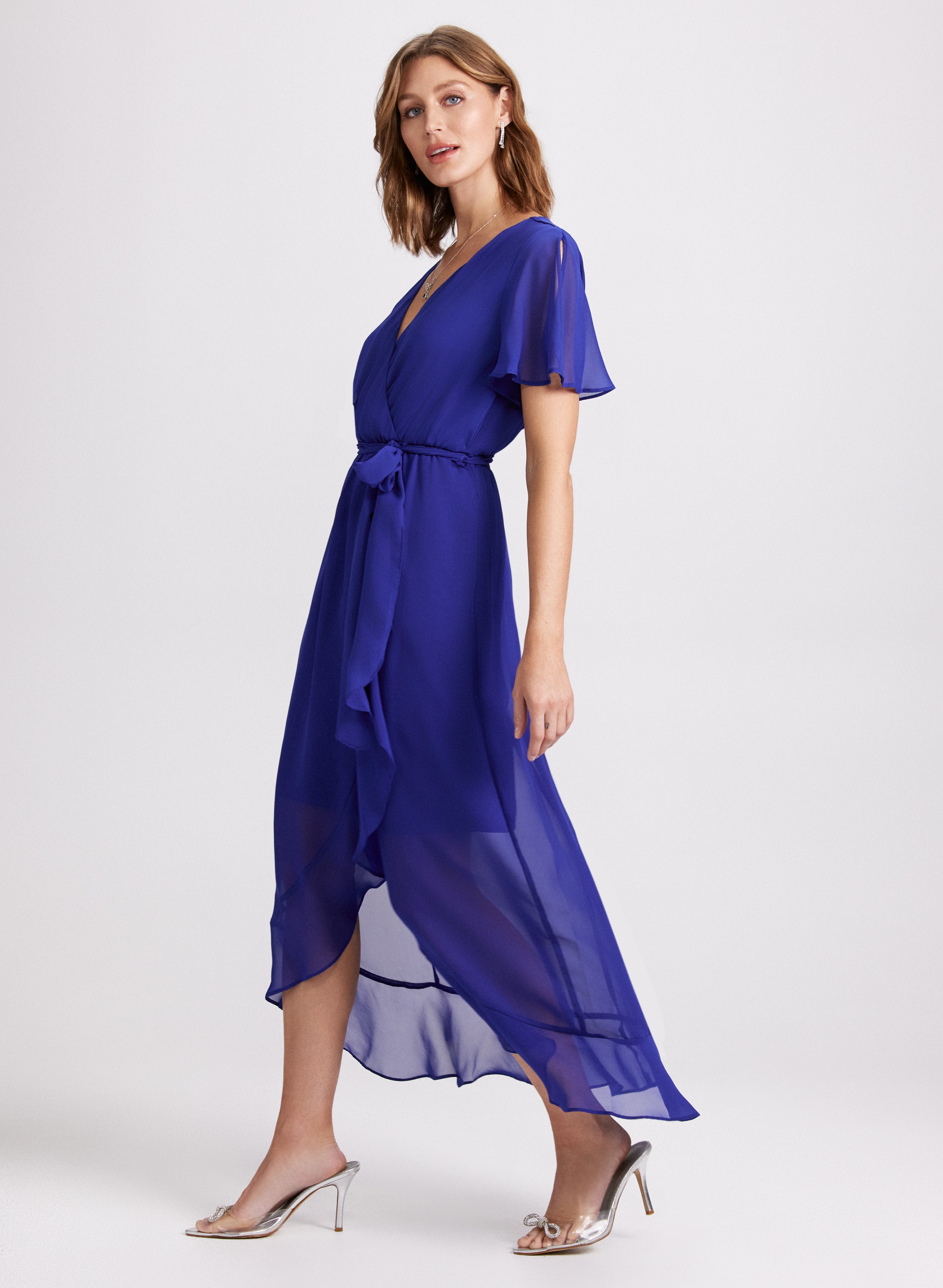 Flare Sleeve Wrap Over Dress for Women - Elegant V-Neck Midi Dress with Ruffle Details | Perfect for Date Night, Cocktail Party & Summer Vacation