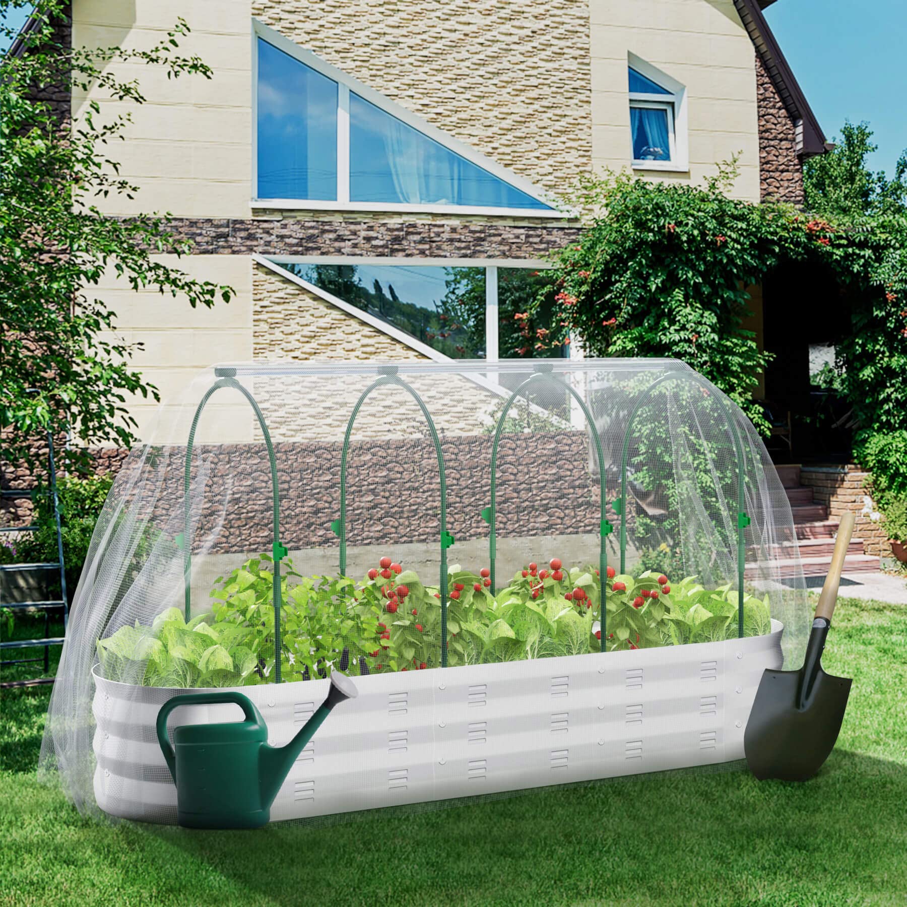 POTEY 4x8ft Raised Garden Bed with Greenhouse Cover - Galvanized Steel Planter Box for Vegetables, Fruits, Flowers & Herbs - Outdoor Gardening Kit for Backyard, Patio & Urban Farming
