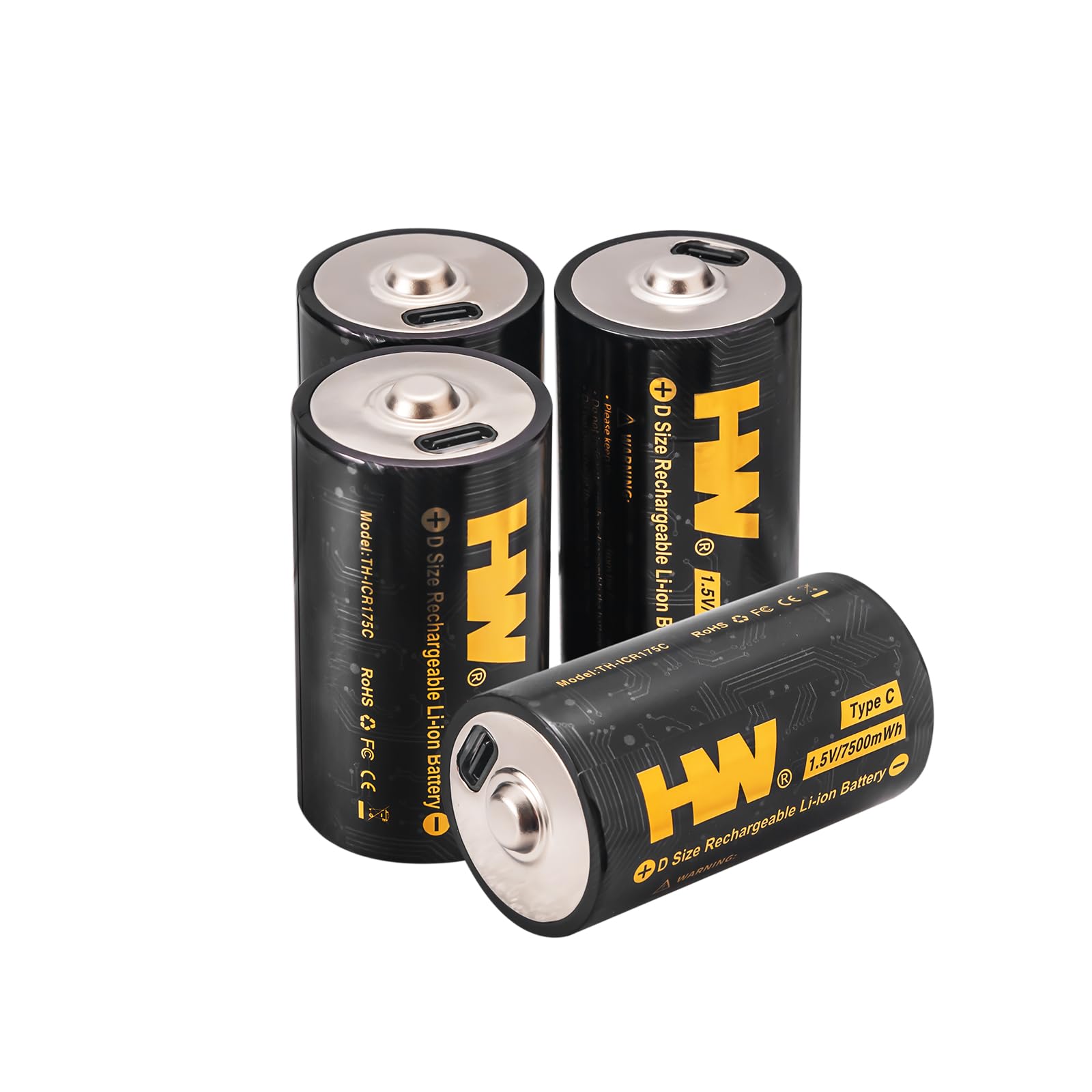 HW Rechargeable D Batteries 4 Pack - 7500mWh Long-Lasting Lithium D Cell Batteries with USB-C Fast Charger (4-in-1 Cable) | 1000+ Charge Cycles | Perfect for Flashlights, Camping Lights, Emergency Kits & Outdoor Gear