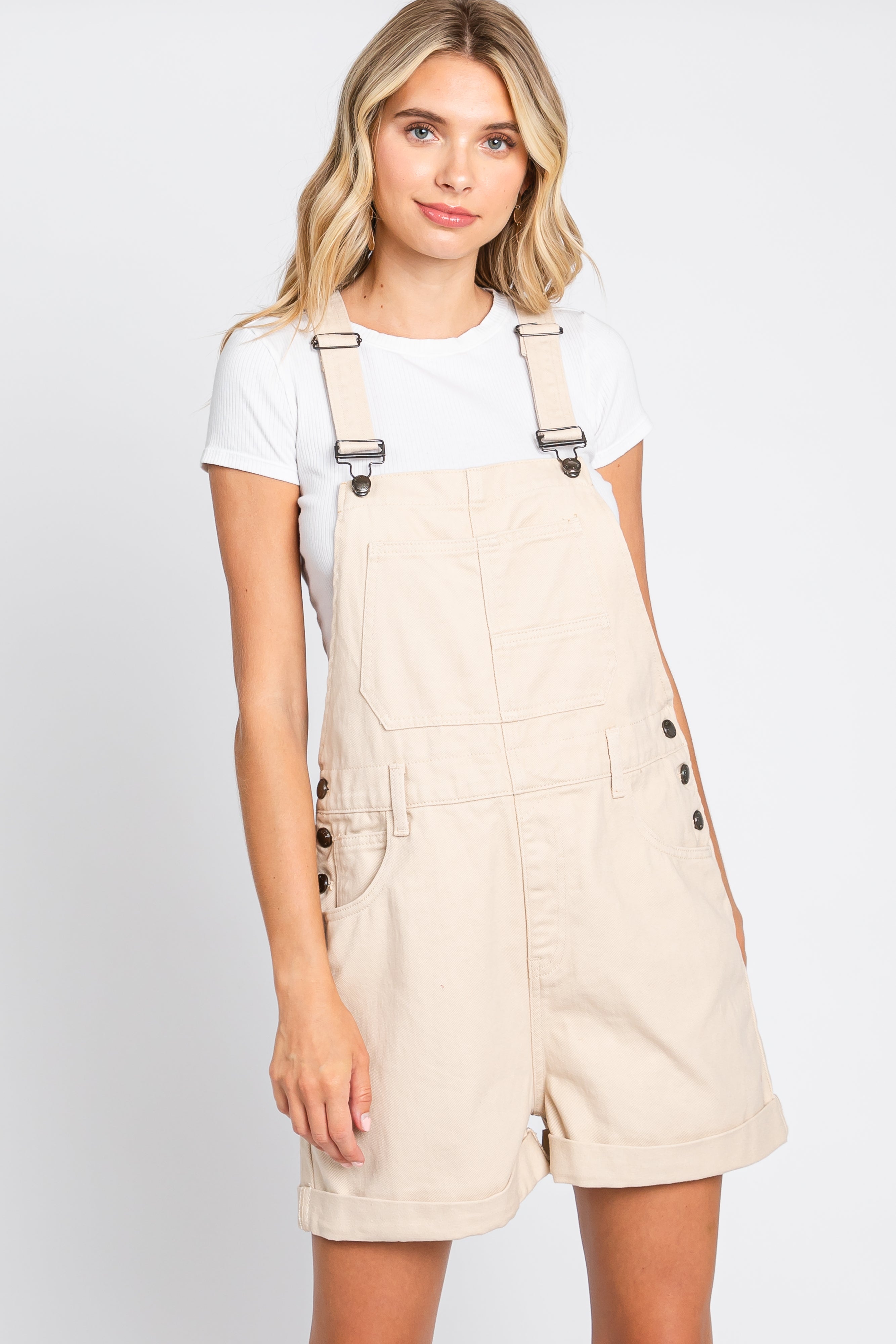 Beige Front Pocket Overalls Shorts for Women - Casual Denim Jumpsuit with Pockets for Summer Outfits & Outdoor Activities
