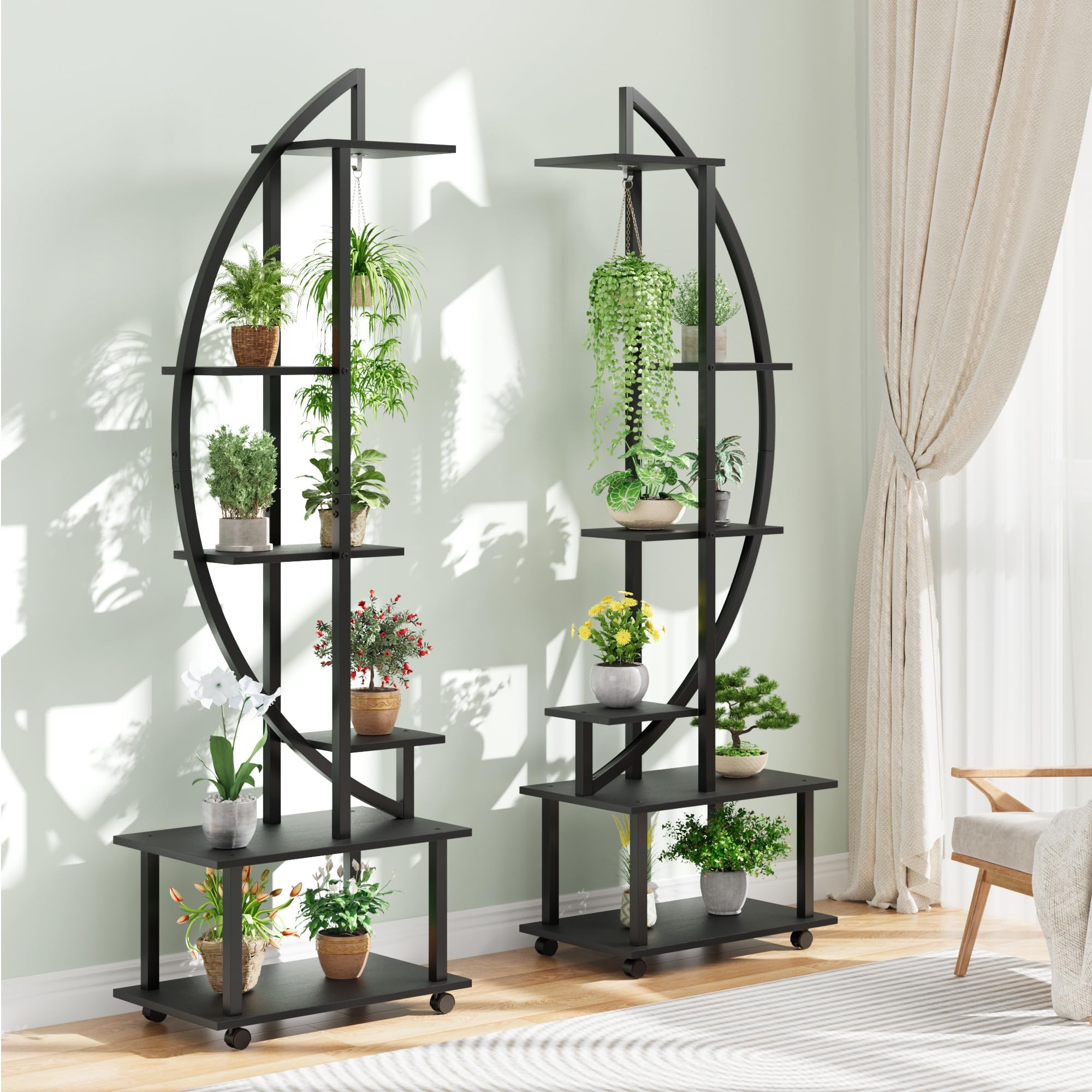 GARVEE 2 Pack 6-Tier Tall Metal Plant Stand with Half Moon Design, Detachable Wheels & Drawers - Includes 12 Pot Stands for Indoor, Patio, Lawn & Garden Decor