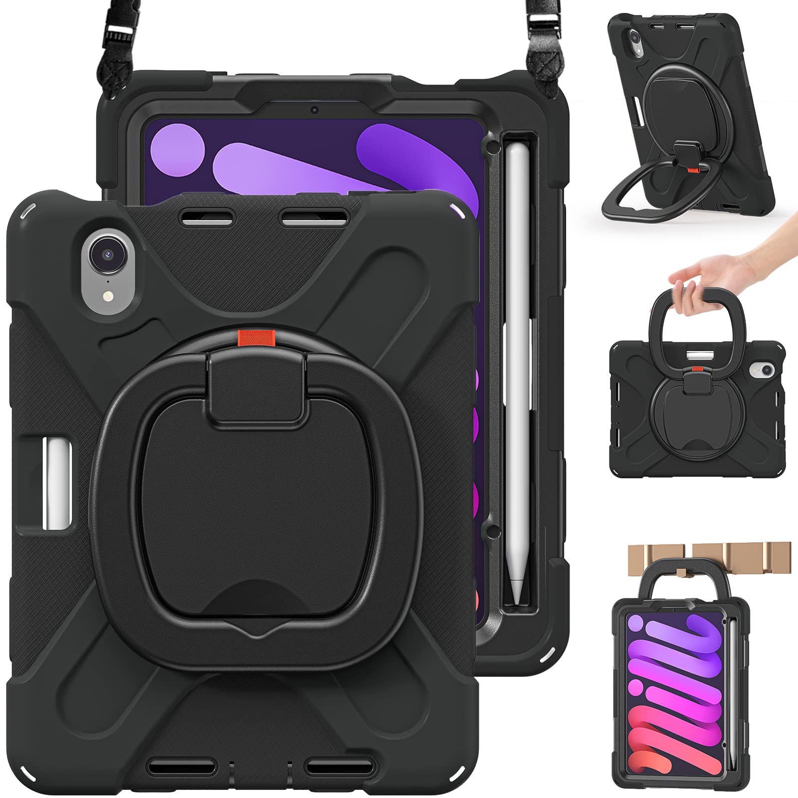 BRAECN Kids Protective Case for iPad Mini 6 (2021) 8.3 Inch - Shockproof Silicone Cover with Pencil Holder [Supports 2nd Gen Apple Pencil Charging], Adjustable Kickstand, Ergonomic Handle & Shoulder Strap - Perfect for School, Travel & Home Use - Black