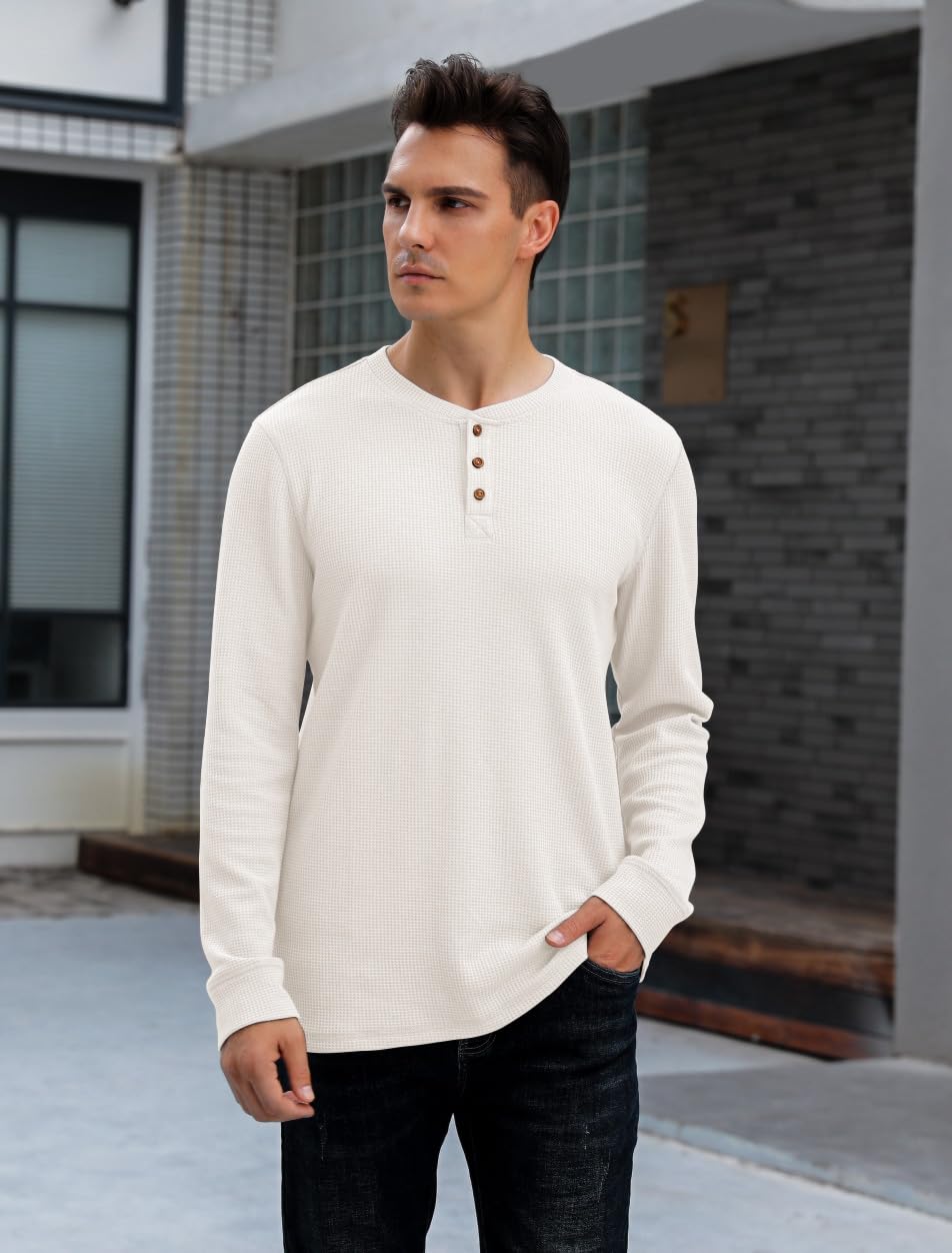 Men's Waffle Long Sleeve Henley Shirt - Soft Thermal Casual Button-Up Top for Fall & Winter Layering | Perfect for Outdoor Activities, Date Nights & Workwear