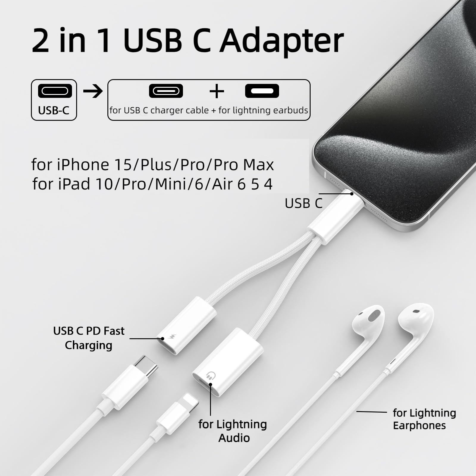 MFI Certified USB C to Lightning Adapter 27W PD Fast Charger for iPhone 15 Pro Max/Plus & iPad 10/Pro/Mini 6 - Nylon Braided Type-C Splitter with Audio Dongle & Headphone Adapter | Perfect for Travel, Office & Car Charging