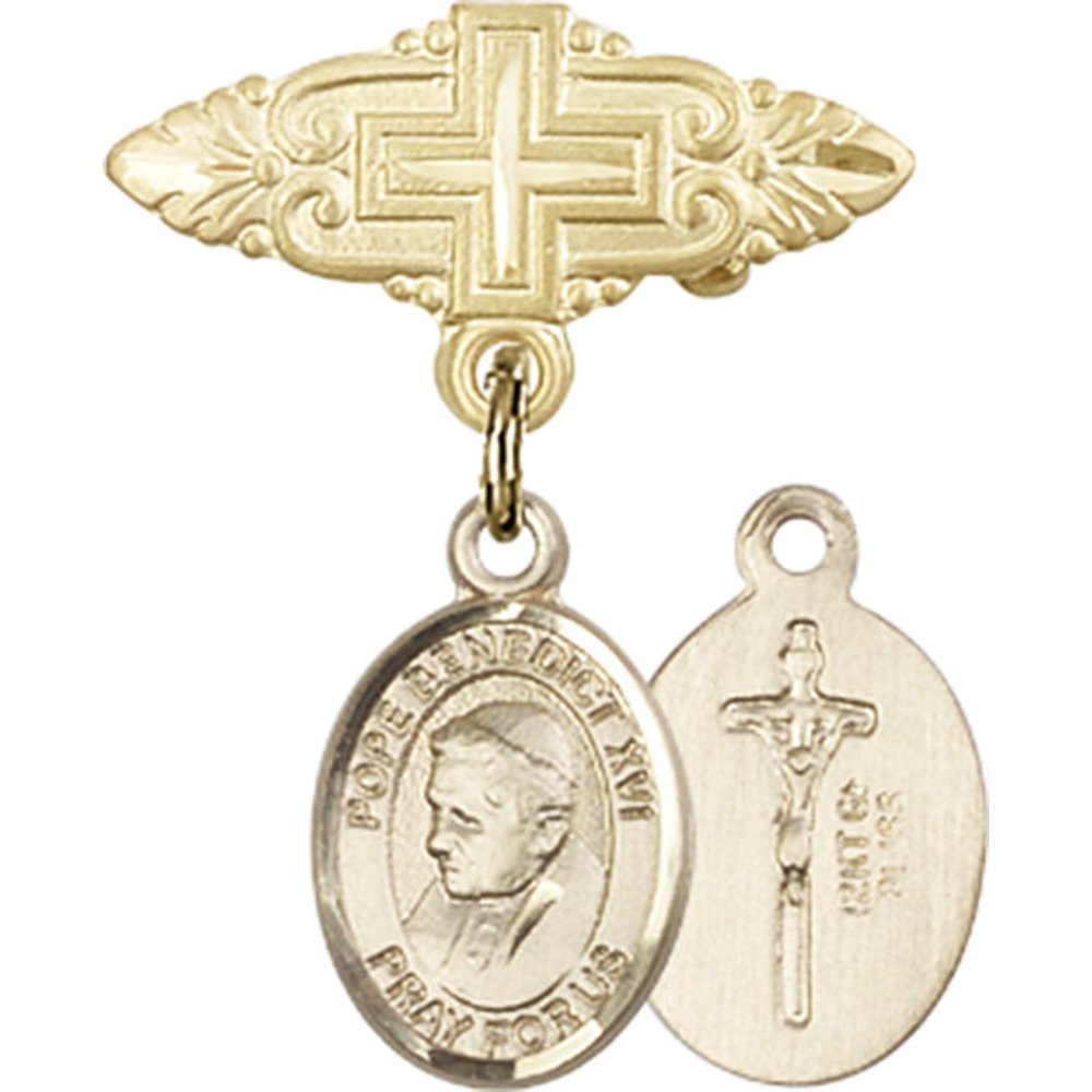Gold Filled Baby Badge with Pope Benedict XVI Charm & Cross Pin - 1 x 3/4 Inch Religious Jewelry - Perfect for Baptism, First Communion & Christening Gifts